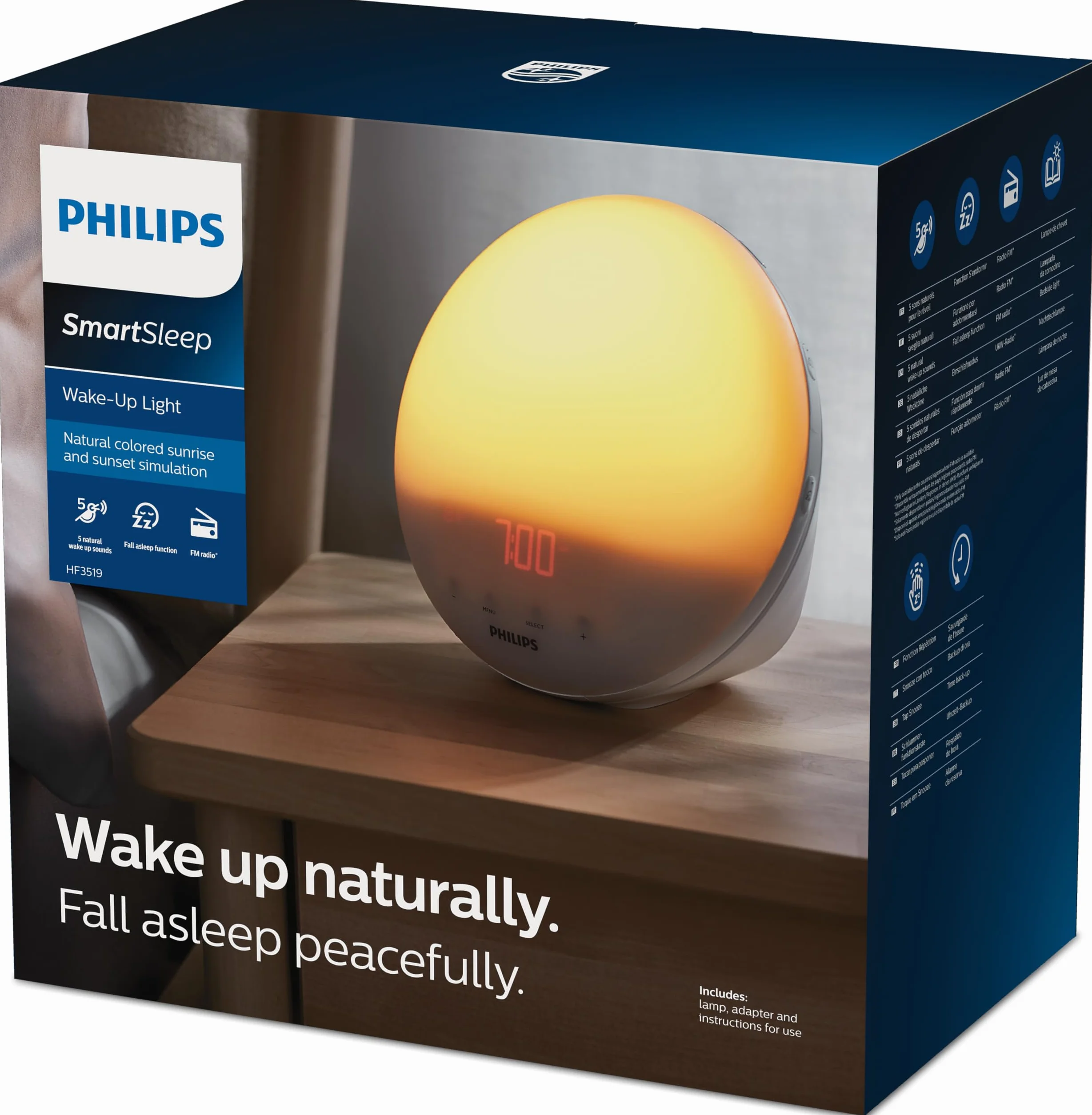 PHILIPS HF3519/01 Despertador de luz con simulación del amanecer, Radio FM, lámpara de lectura, 5 sonidos naturales, Alarma diferida
