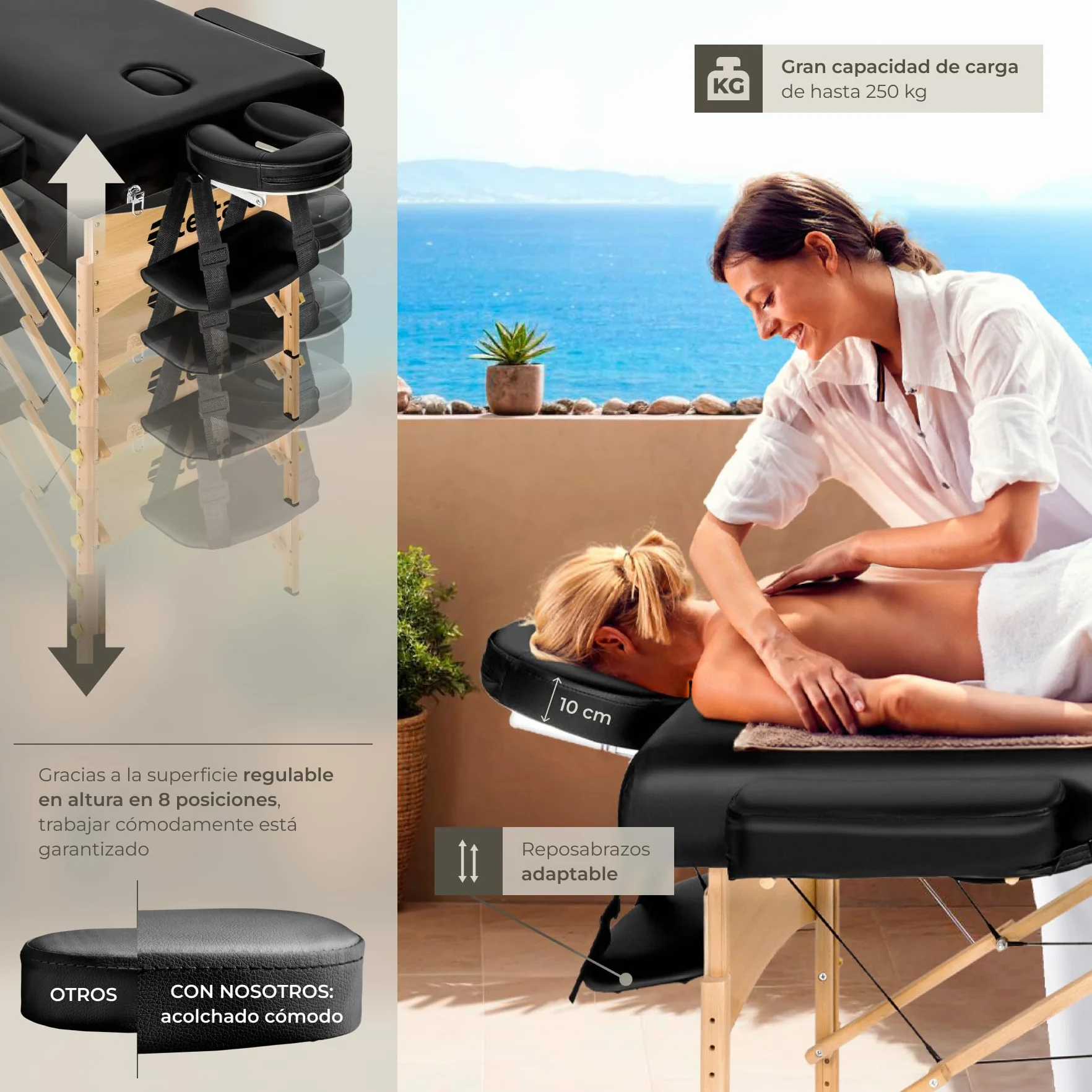 Tectake Camilla Masaje Plegable de Madera Profesional para Fisioterapia con Taburete, Cojines y Bolsa Transporte - Negro