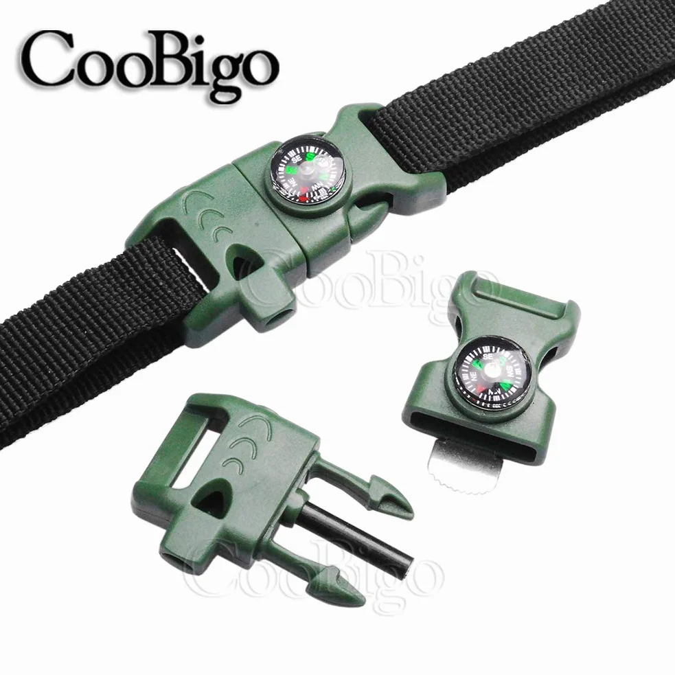 Paquete de 5 unidades de 5/8 pulgadas brújula para iniciación de fuego, silbato con hebilla de supervivencia de emergencia para pulsera de paracaídas para actividades al aire libre #FLC158-FWC (negro)