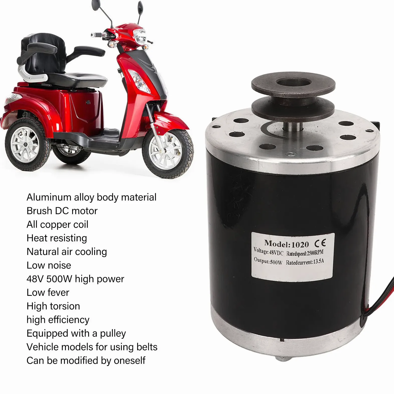 Cryfokt Motor de Polea Eléctrica de 500W, Aleación de Aluminio Cepillado de Poco Ruido para Bicicletas Eléctricas, Scooters y Motocicletas