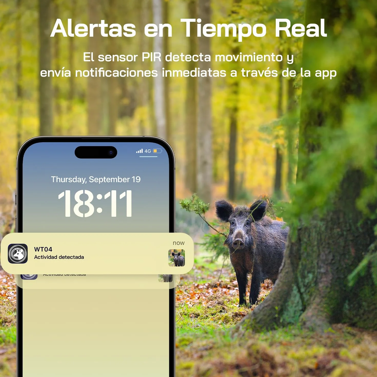 WOLFANG Cámara de Caza Solar, 4G LTE Camara Fototrampeo 2.5K con Detección PIR Nocturna por Infrarrojos Invisible, Alerta, Audio Bidireccional, IP66 para Vida Silvestre y Monitoreo de Seguridad, negro