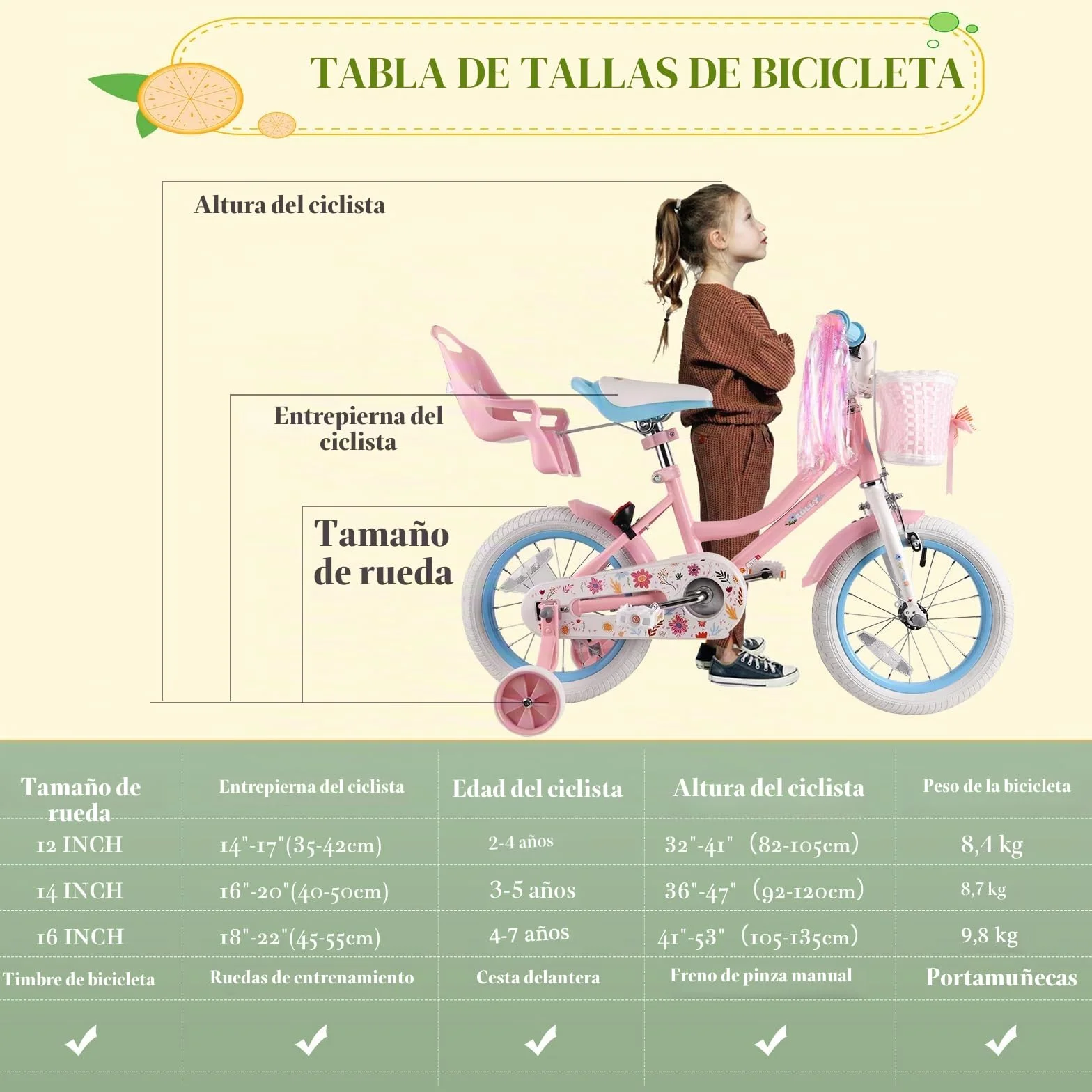 RULLY Daisy Bicicleta Niño 12 14 16 Pulgadas para Niñas de 2 a 7 Años - Bicicleta Princesa con Asiento Muñeca, Ruedas, Cesta y Cintas, Multicolor