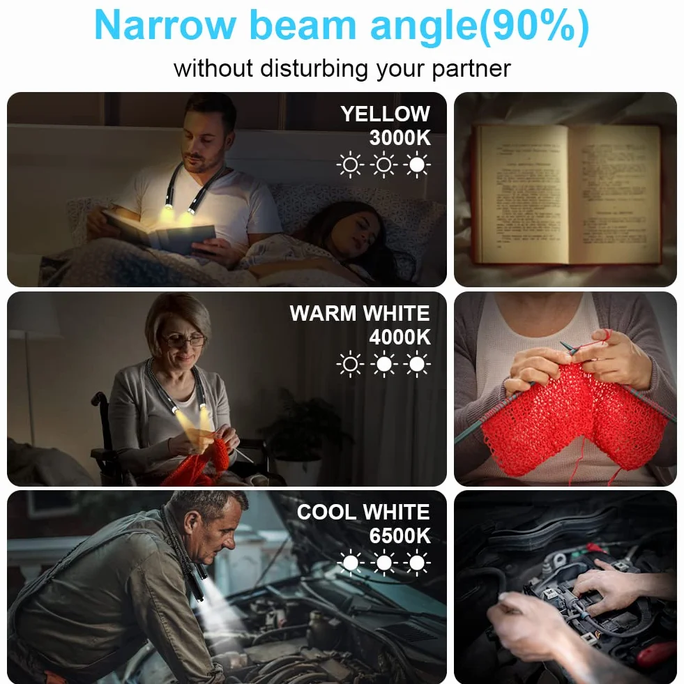 URAQT Luz de Lectura Recargable Cuello Flexible, 3 Colores 3 Niveles Brillo Ajustables para Leer Nocturna