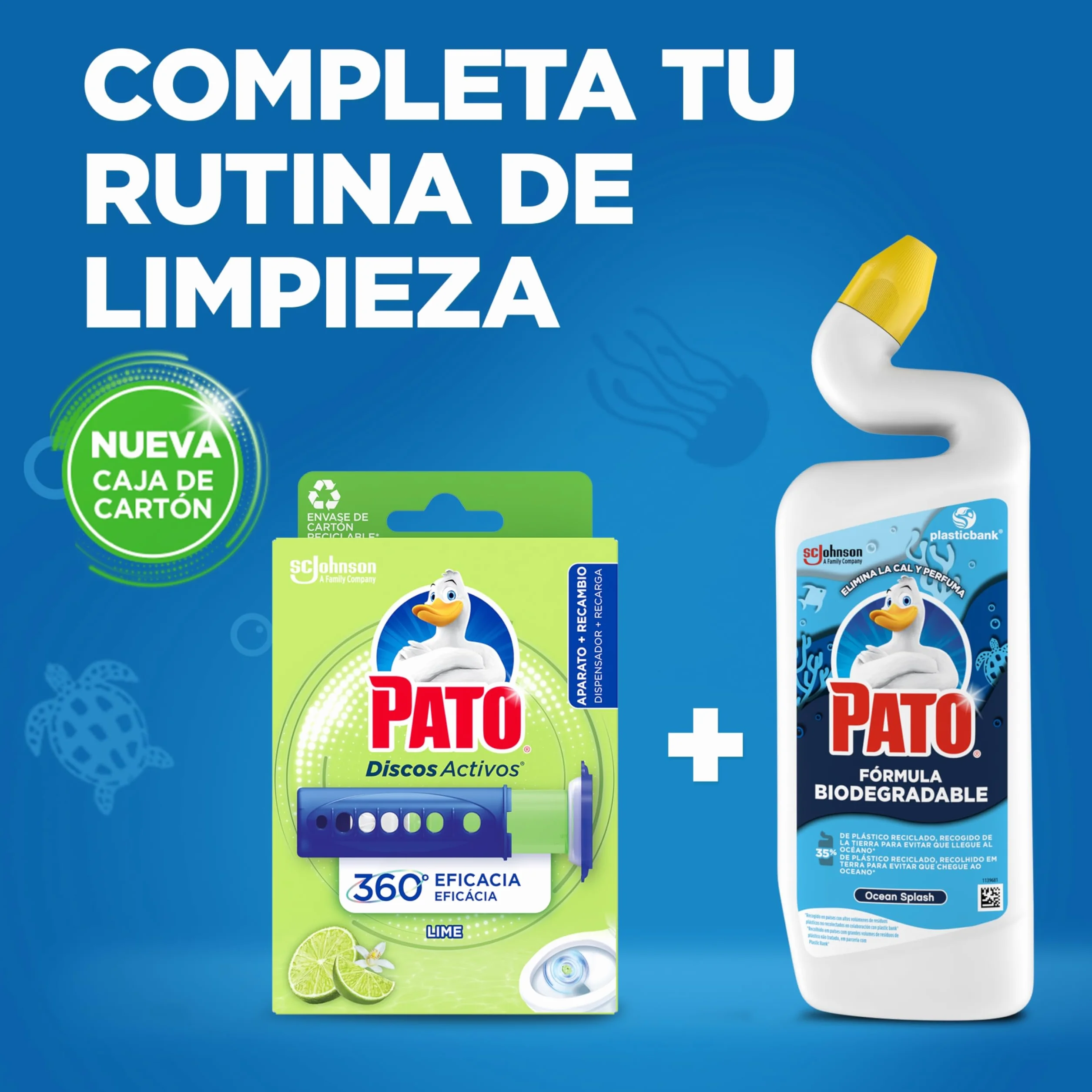 Pato Discos Activos WC Lima, Limpia, Refresca y Perfuma el Inodoro, 360°, 1 Aparato + 1 Recambio, 6 discos