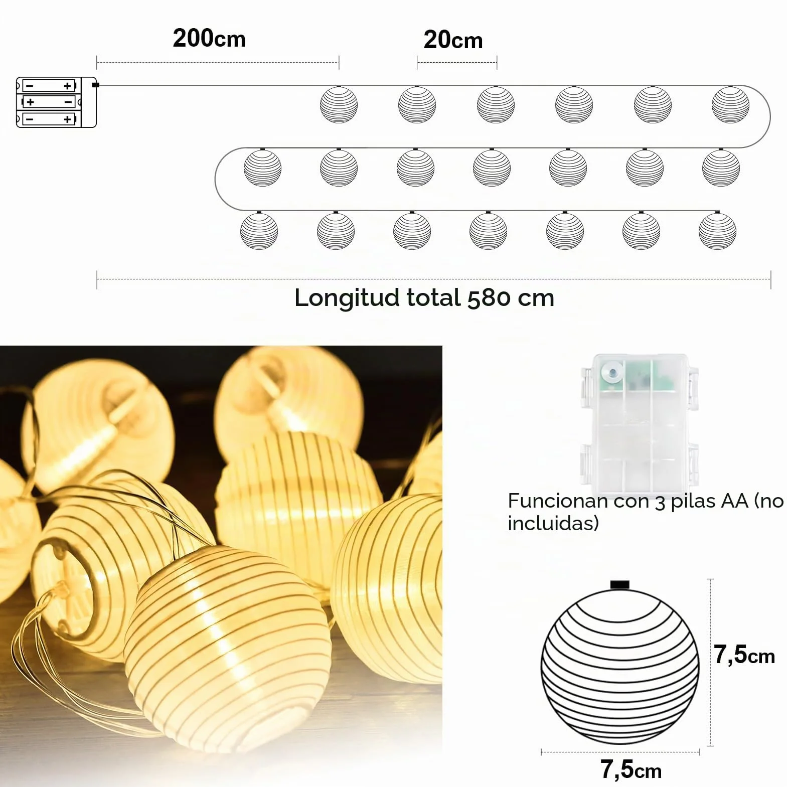 Guirnalda Luces LED 20 Farolillos Papel Exterior Decoracion Jardin Balcon Terraza Blanco