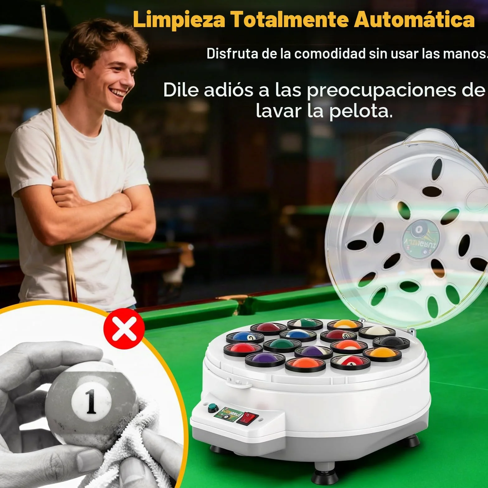 YJINGRUI Limpiador automático de bolas de billar, 16 bolas de piscina, pulidora, máquina de limpieza de bolas de billar, con llave y cepillo para bolas de billar de 57,2 mm