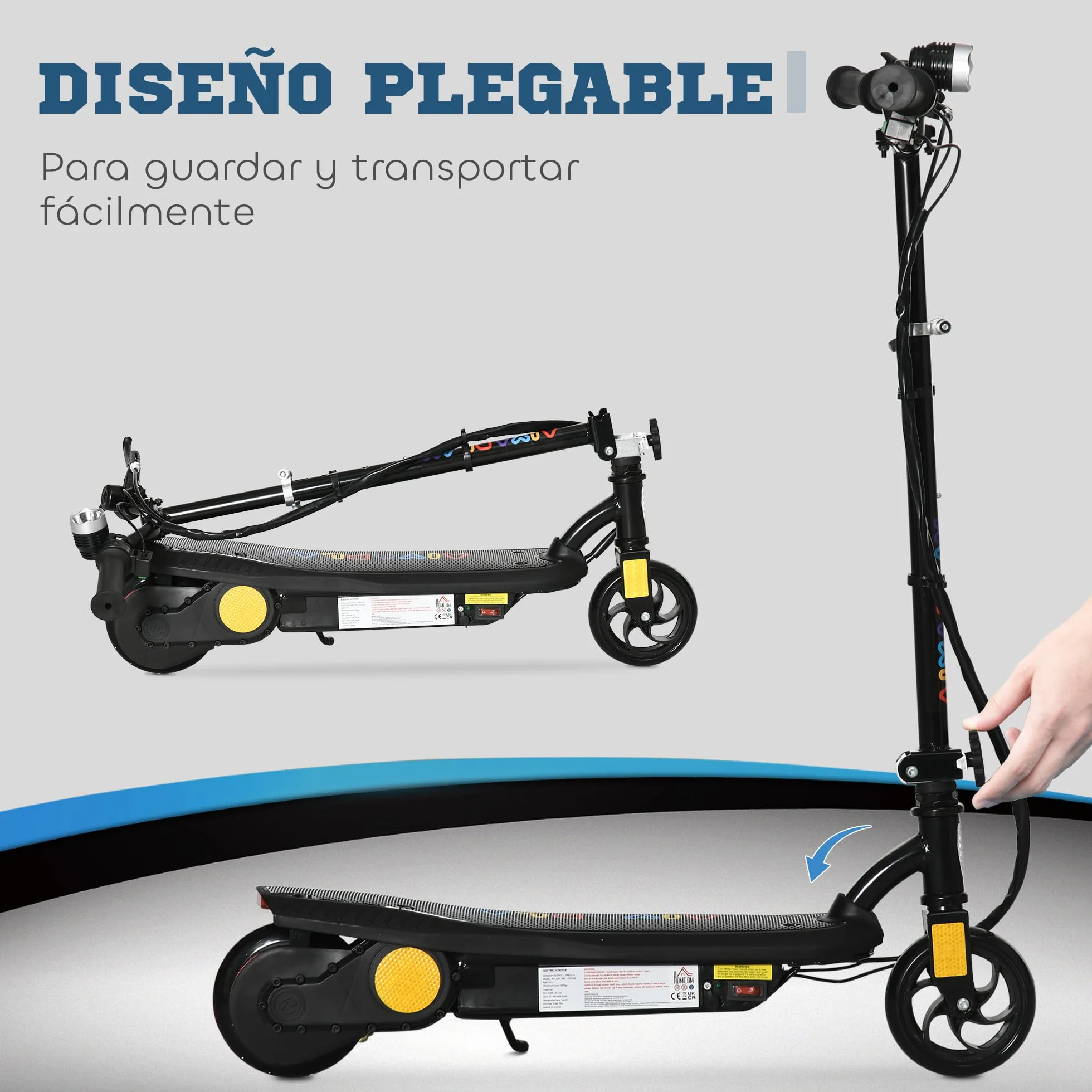 HOMCOM Patinete Eléctrico para Niños de 7-14 Años, Plegable, Patín Eléctrico, MAX. 12 km/h, Motor 120 W, Autonomía Máxima 10 km, con Manillar Ajustable en Altura, Faro LED y Freno
