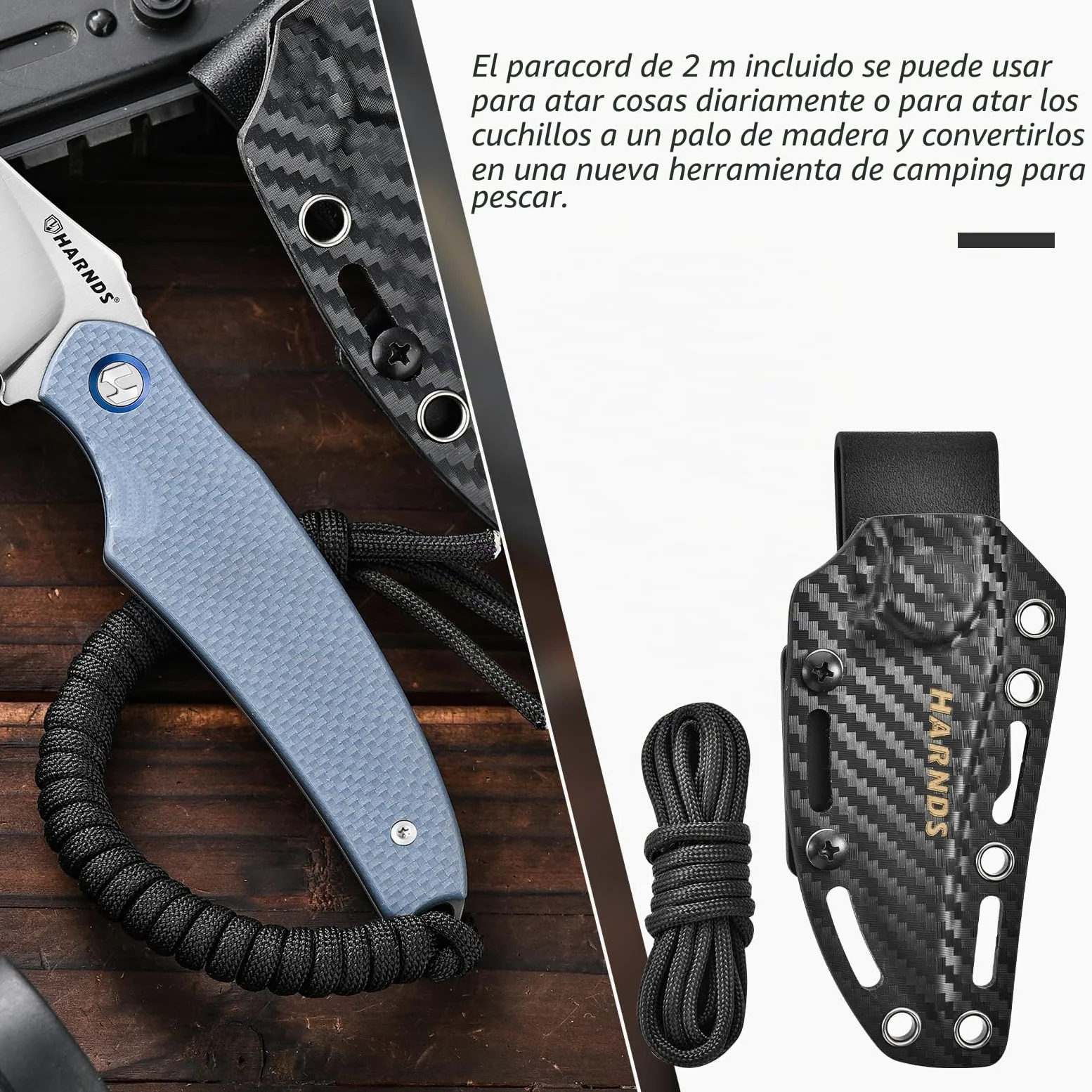 Harnds Tiburón Cuchillo de Hoja Fija para Outdoor con Funda Kydex Hoja de Acero D2 Ideal Cuchillo de Camping Cuchillo de Supervivencia Premium Cuchillo Bushcraft (Gris - Satín)