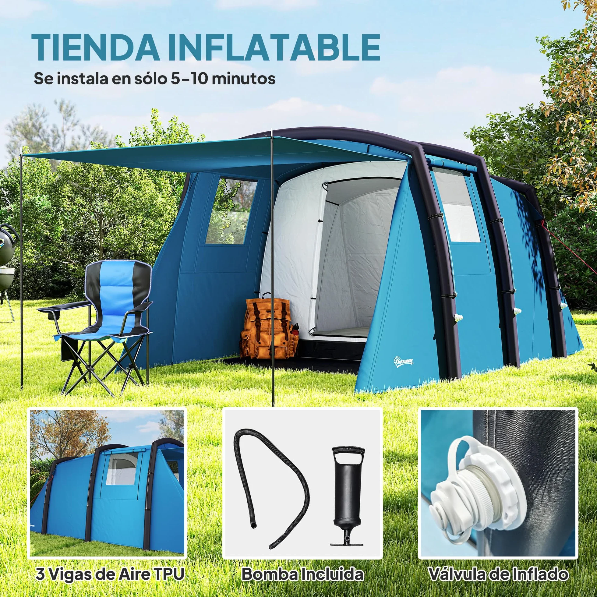Outsunny Tienda de Campaña Inflable Familiar Tipo Túnel 3-6 Personas Glamping con Vestíbulo Protección UV 50+ Impermeable