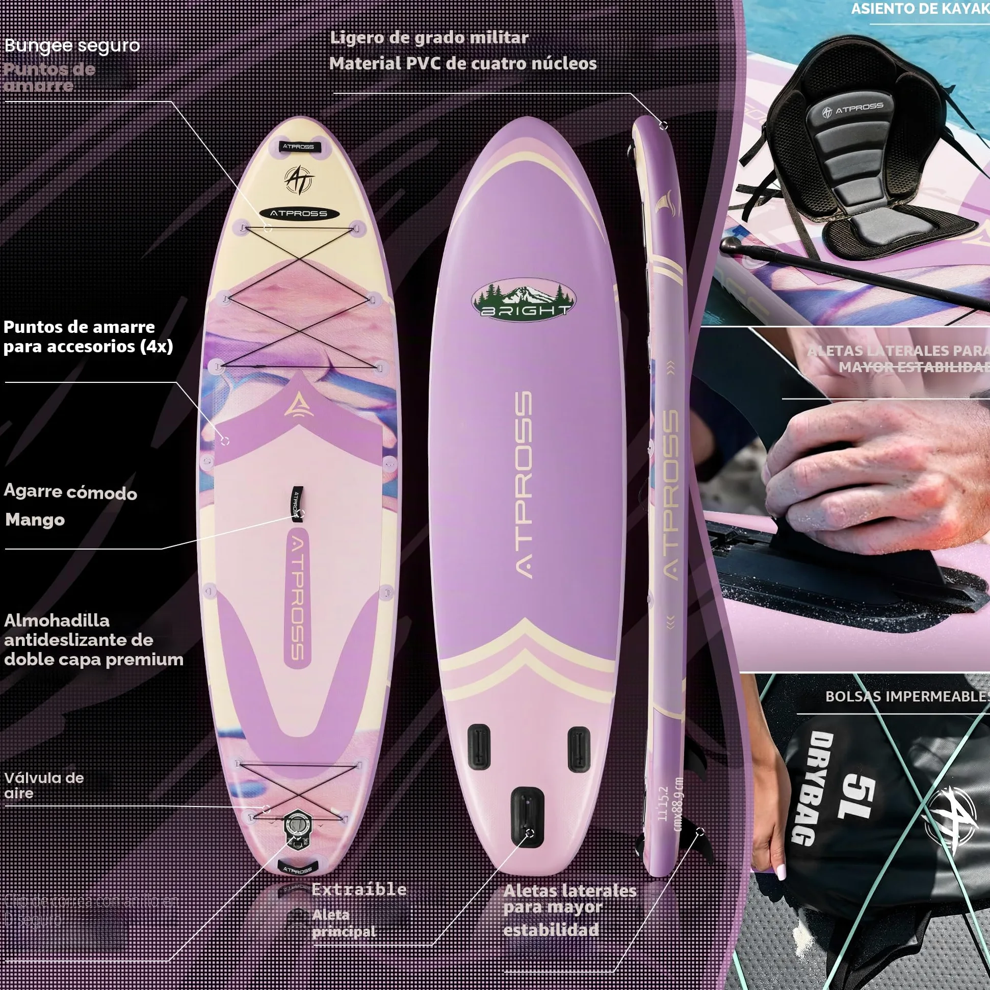 Tabla Paddle Surf Hinchable Inflable Extra Grande para Adultos, con Capacidad para 204,1 kg. con Kit de Accesorios Mochila. Kayak Inflable, Antideslizante, Ideal para Yoga,