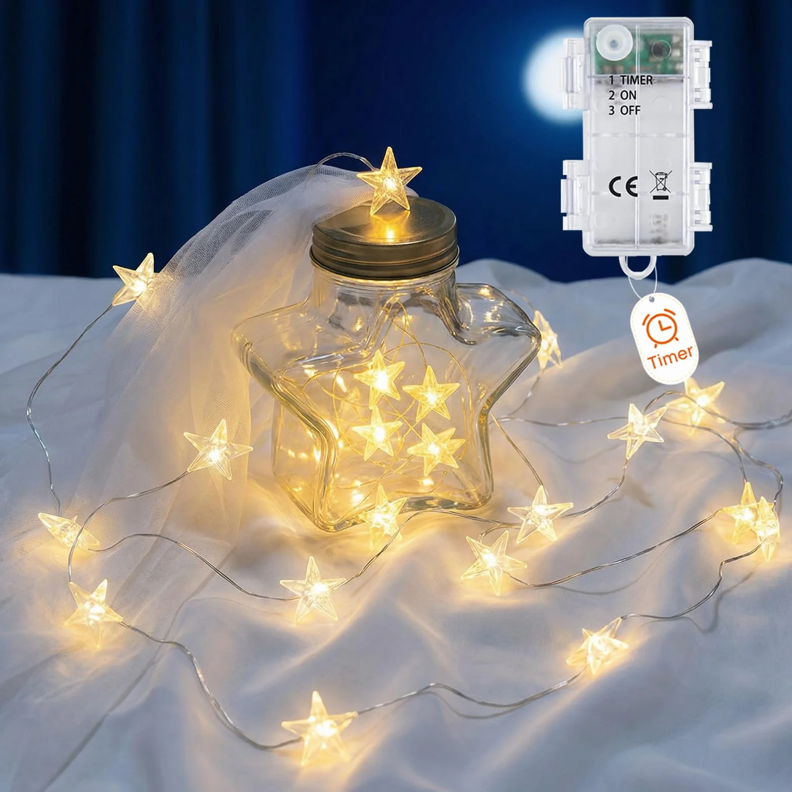 Guirnalda de luces LED estrella 2m 20 LED a pilas IP65 alambre plateado
