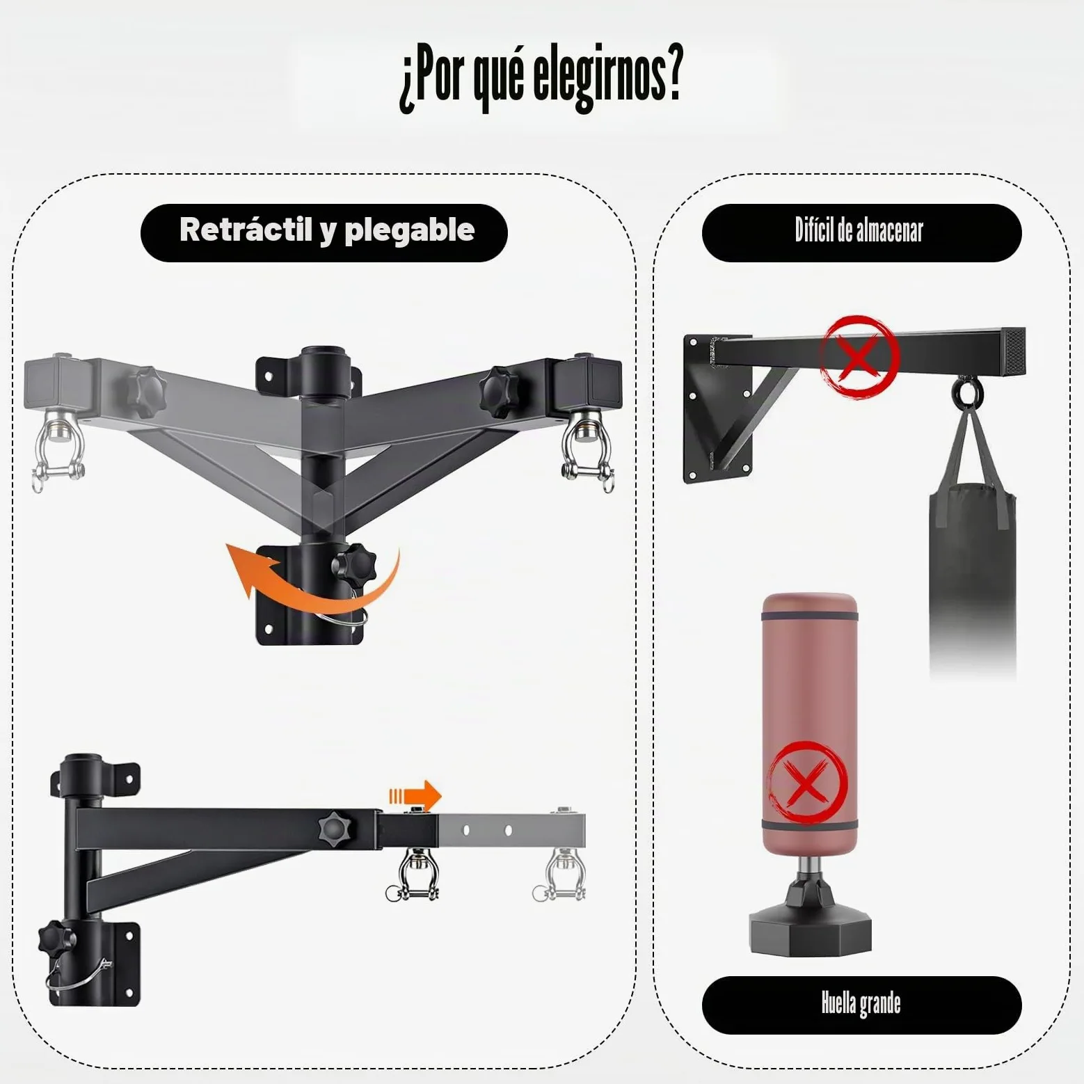 Soporte Saco Boxeo Pared, Colgador Ajustable 43-63cm, Rotación 180°, Soporta 150kg, para Muay Thai