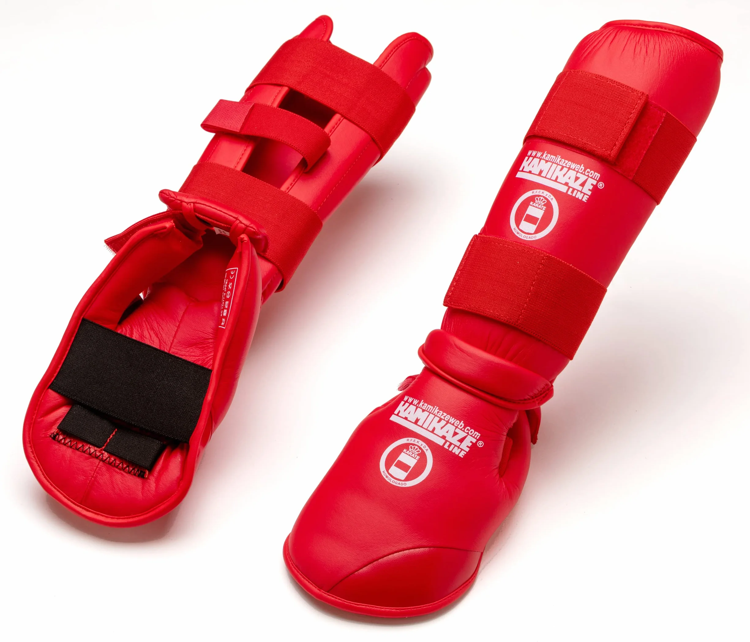Espinilleras y Protectores de pie KAMIKAZE para Karate, homologadas RFEK (Rojo, S)