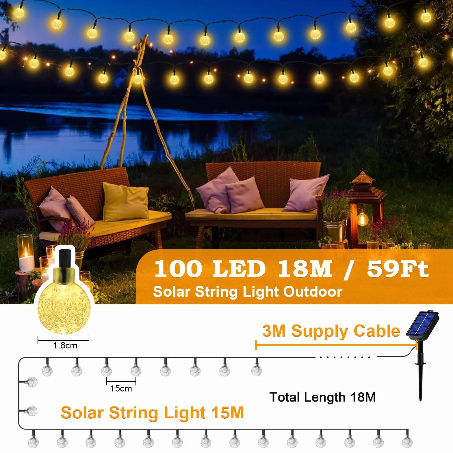 Realky Guirnaldas Luces Exterior Solar 100 LED 18M IP65 Impermeable Blanco Cálido