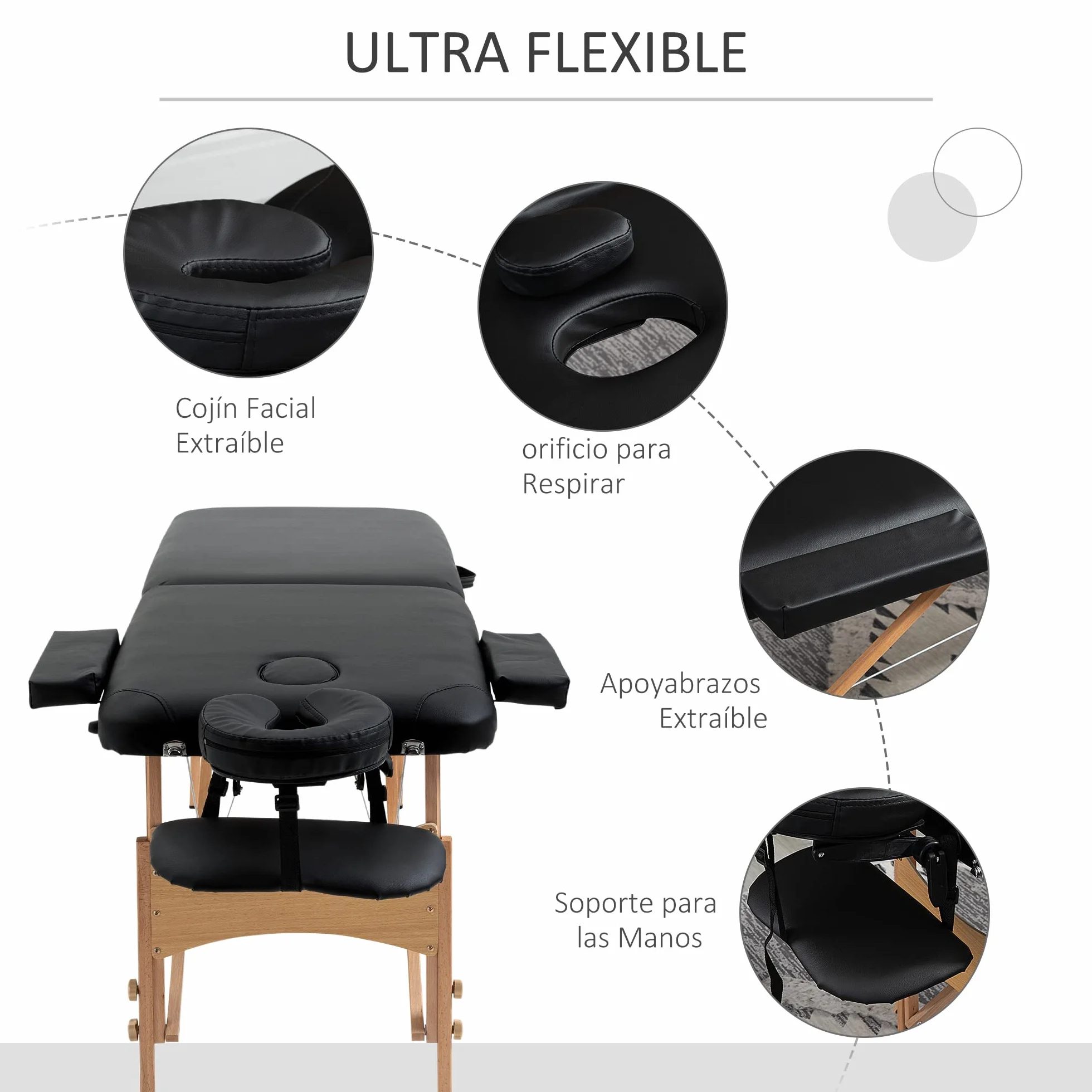 HOMCOM Camilla de Masaje Plegable 210x81 cm Profesional con Reposacabezas Extraíble y Bolsa de Transporte Negro