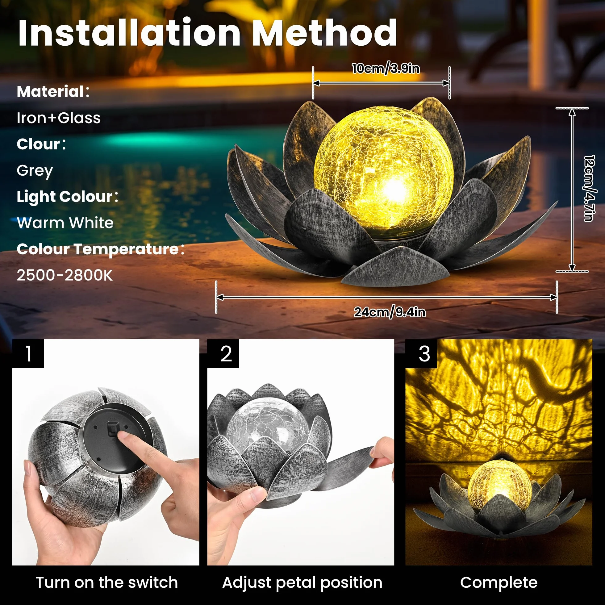 GIGALUMI Luces Solares Jardín Exterior Flores Loto IP44 Impermeable Gris