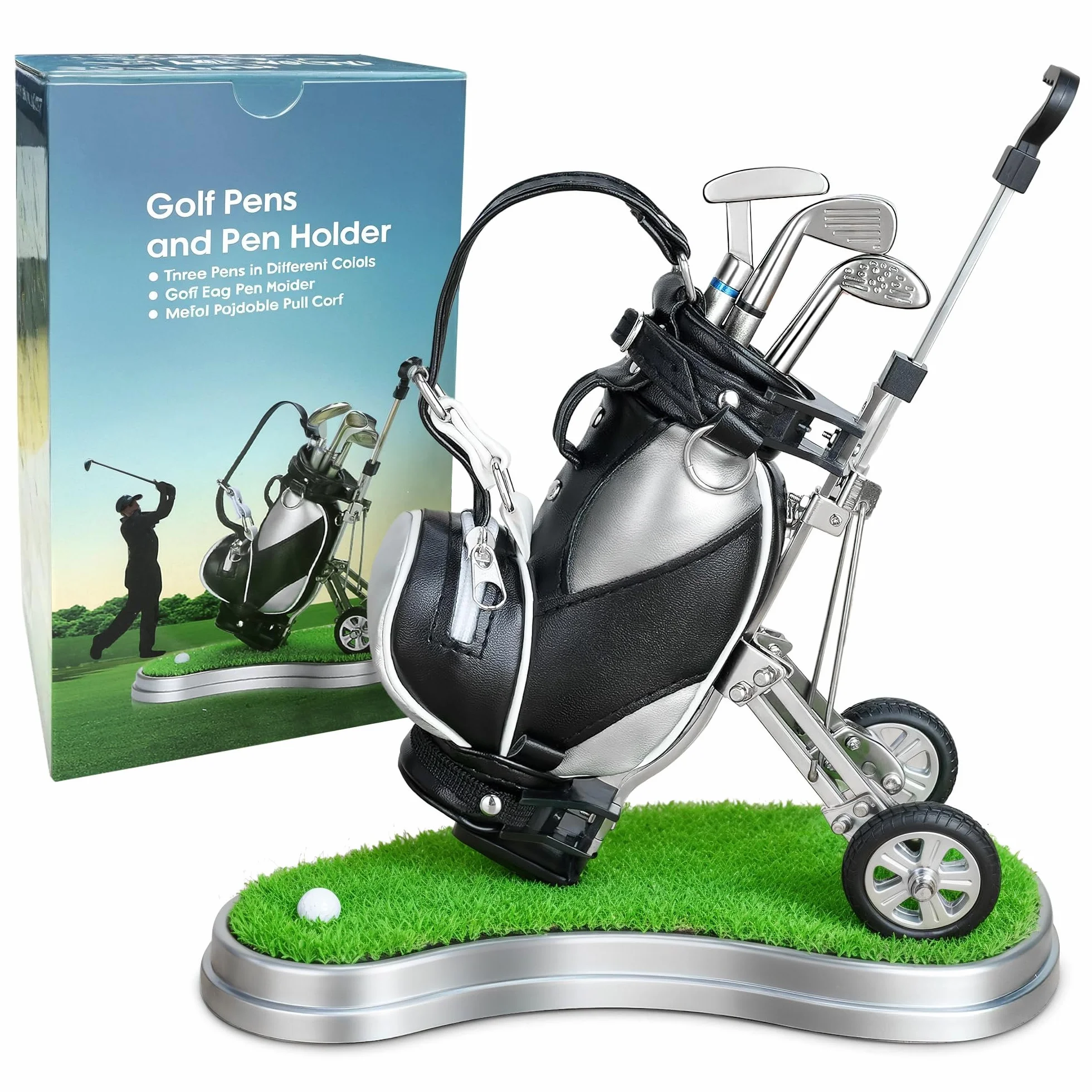 10l0l Golf bolígrafos con bolsa de Golf soporte, novedad regalos con 3 piezas Aluminio bolígrafo oficina escritorio soporte para bolsa de palos de golf para hombre día del padre, Golf recuerdos regalo