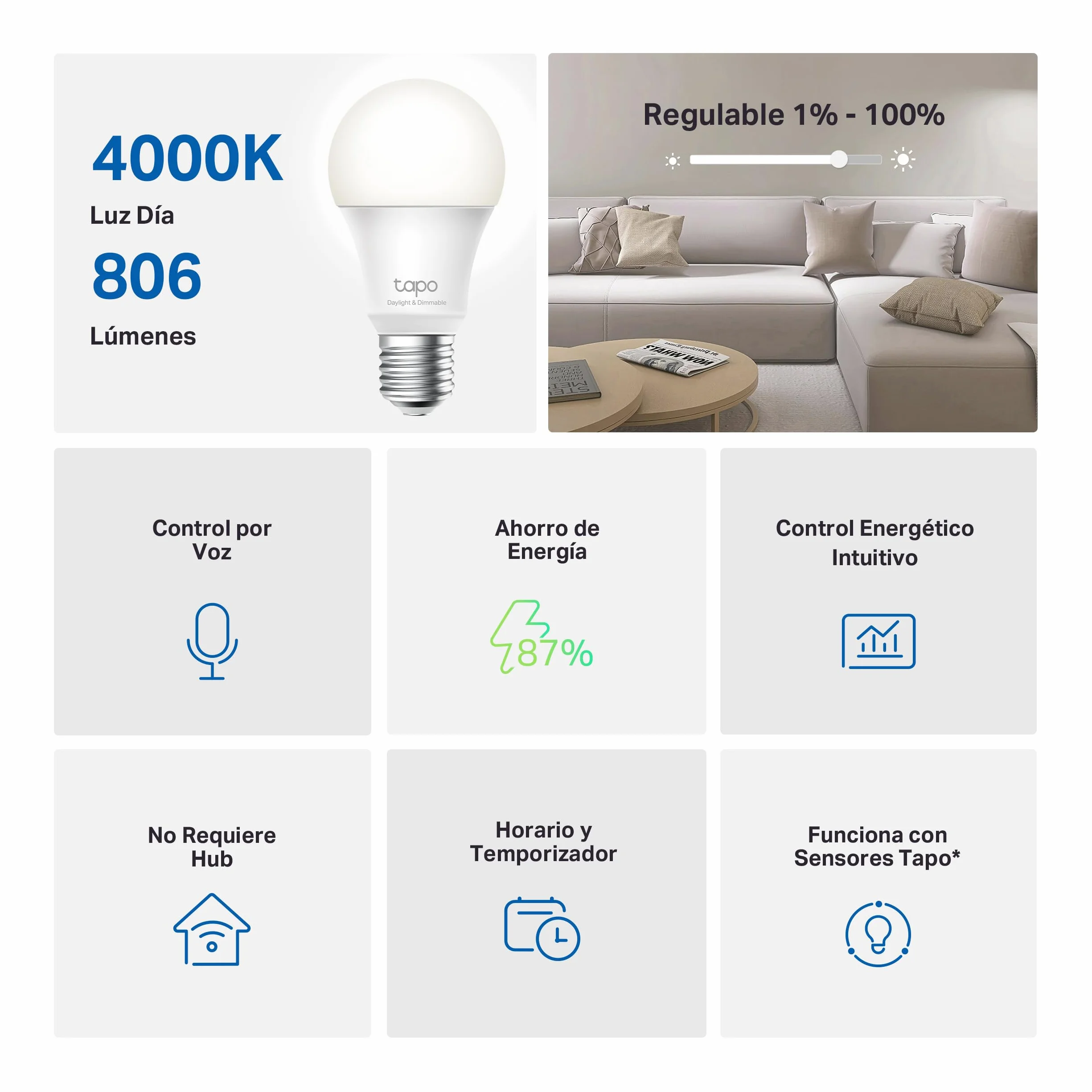 Tapo TP-Link L520E Bombilla LED Inteligente WiFi E27 8.7W 806lm Blanco Neutro 4000K Regulable Compatible Alexa