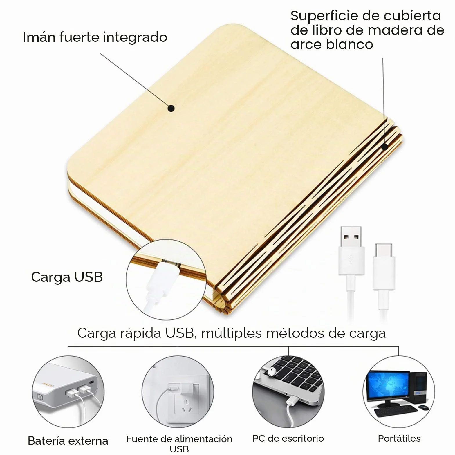 Lámpara LED Libro Plegable Madera 360° USB Recargable 2000 mAh Blanco Cálido