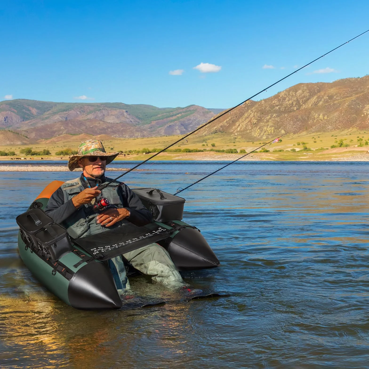 Tubo flotante profesional de pesca, Tubos flotantes para pesca, Tubo flotante inflable de pesca con capacidad de carga de 158KG, Bote pequeño, Bote pequeño con soporte para caña, Inflador