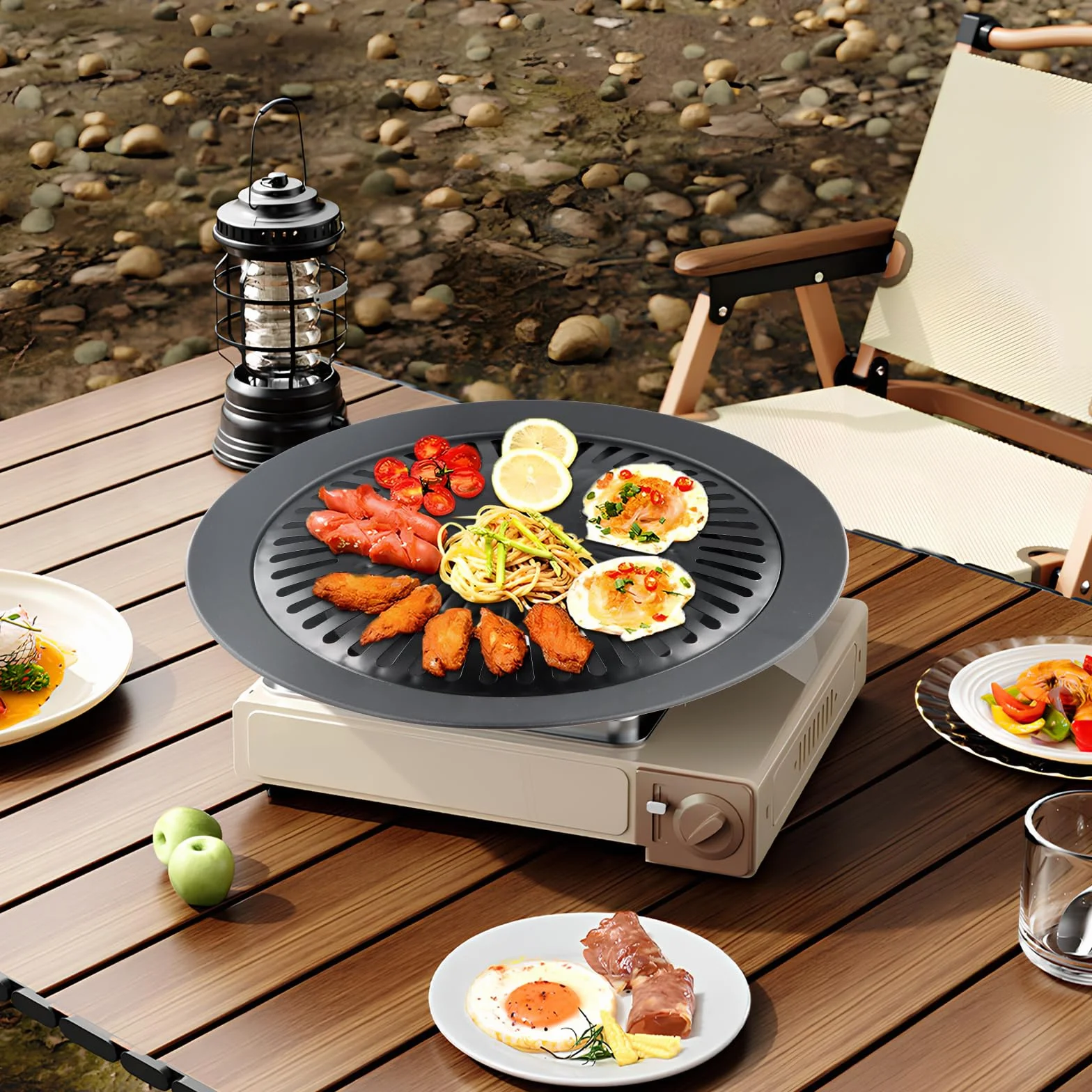 Parrilla para Hornillo Camping de Gas Portátil, Diámetro de 32 cm, Negro Placa de Barbacoacon Revestimiento Antiadherente Ranuras Guía