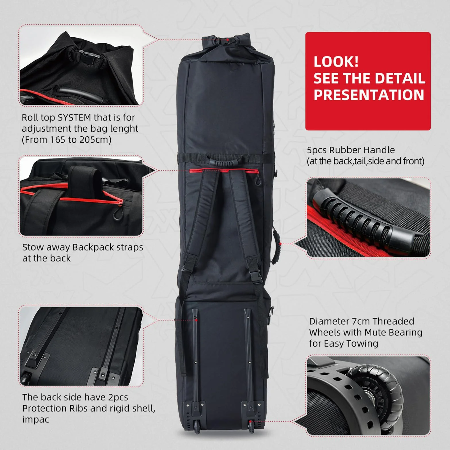 XCMAN - Bolsa de Snowboard con Ruedas, Longitud Ajustable para Viajes en avión, Extra Larga/Ancha/Profunda, Impermeable, con Varillas de protección ABS y Lomo de protección PP - Versión 2020