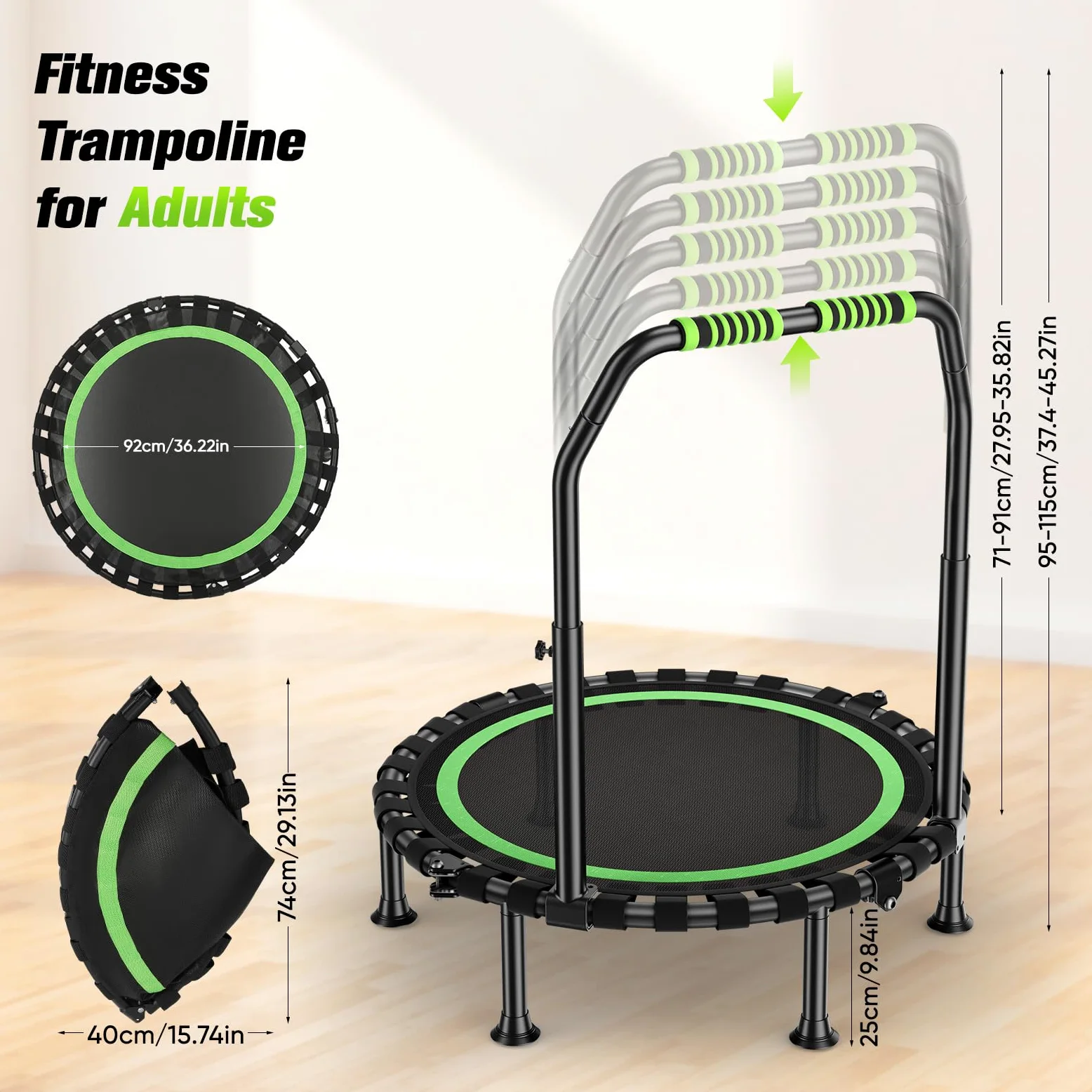 Trampolín de 101 cm de diámetro, plegable para fitness, capacidad de carga de 150 kg, altura de pasamanos ajustable, entrenamiento de resistencia, diferentes grupos de personas