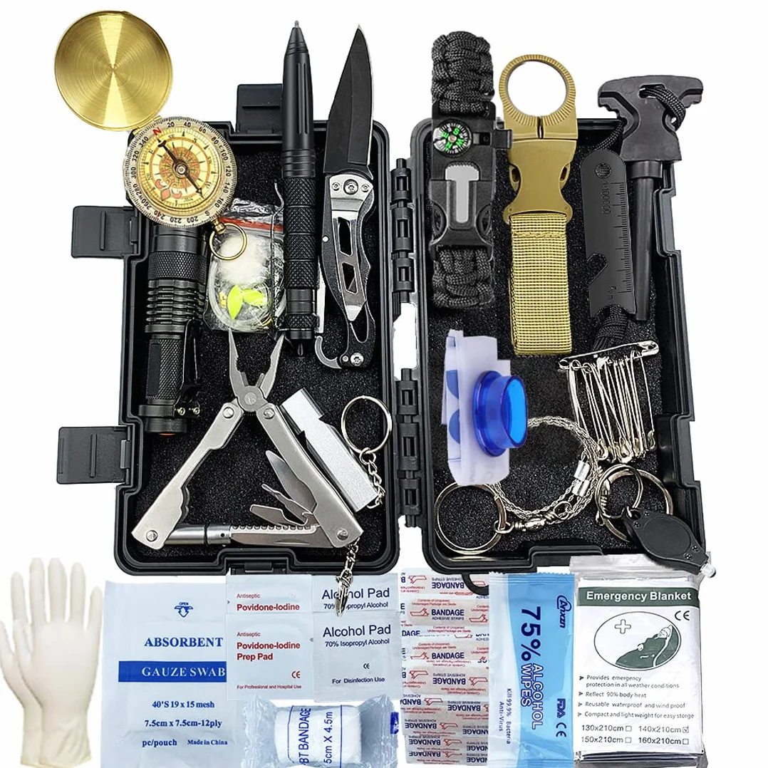Kit de Supervivencia, 24 en 1 Multifuncional Equipo de Botiquín primeros auxilios profecional, Regalos ideales de Navidad y cumpleaños para Hombres para Viajar Caminar Acampar