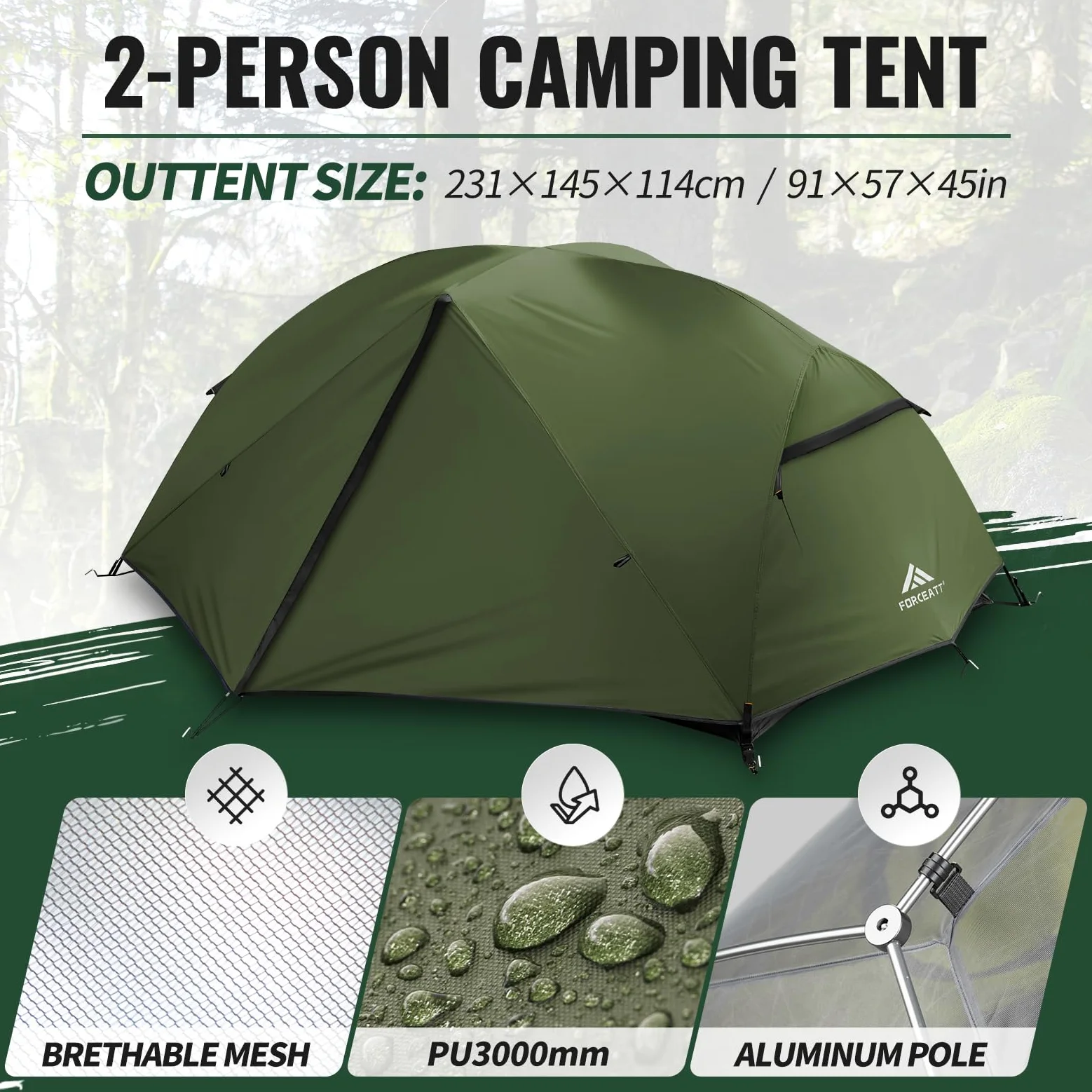 Forceatt La Tienda de campaña para 2 y 3 Personas es Impermeable y Resistente al Viento, Tienda de campaña para 3 a 4 Estaciones, Tienda de campaña Ligera de Aluminio Que se Puede Montar rápidamente