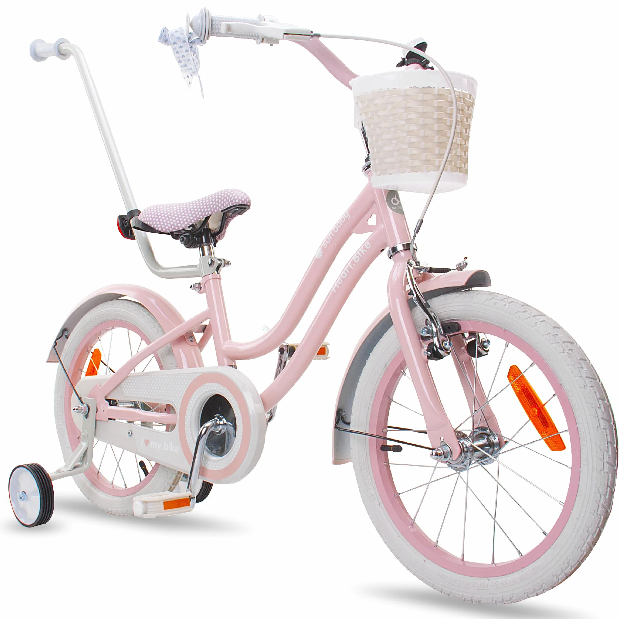 sun baby Heart Bike Bicicleta Infantil para niña 12/14/16 Pulgadas, con ruedines, Barra de Empuje, Cesta, Timbre, Freno contrapedal y V-Brake