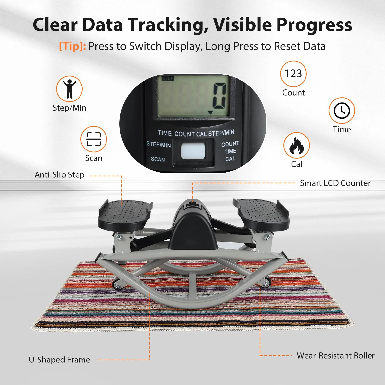 Mini Stepper Lateral, Stepper Fitness Casa con Contador y Bandas de Resistencia, Capacidad 150 kg, Alfombrilla Antideslizante 70x40 cm, para Hogar, Oficina y Gimnasio, Trabaja Piernas, Glúteos y Core