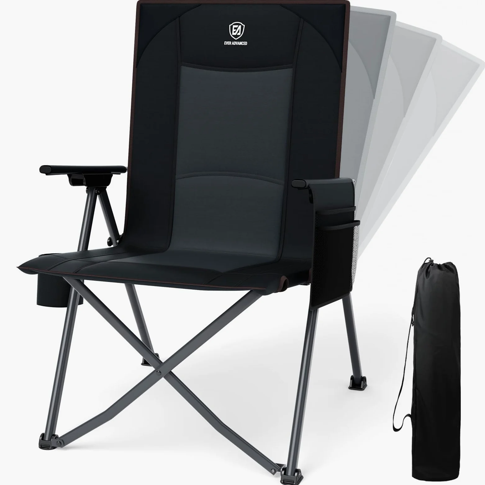 EVER ADVANCED Silla plegable de Campinng con respaldo ajustable, soporta 160 kg, silla plegable reclinable en 4 posiciones, silla plegable con bolsillo lateral y soporte para bebidas para camping
