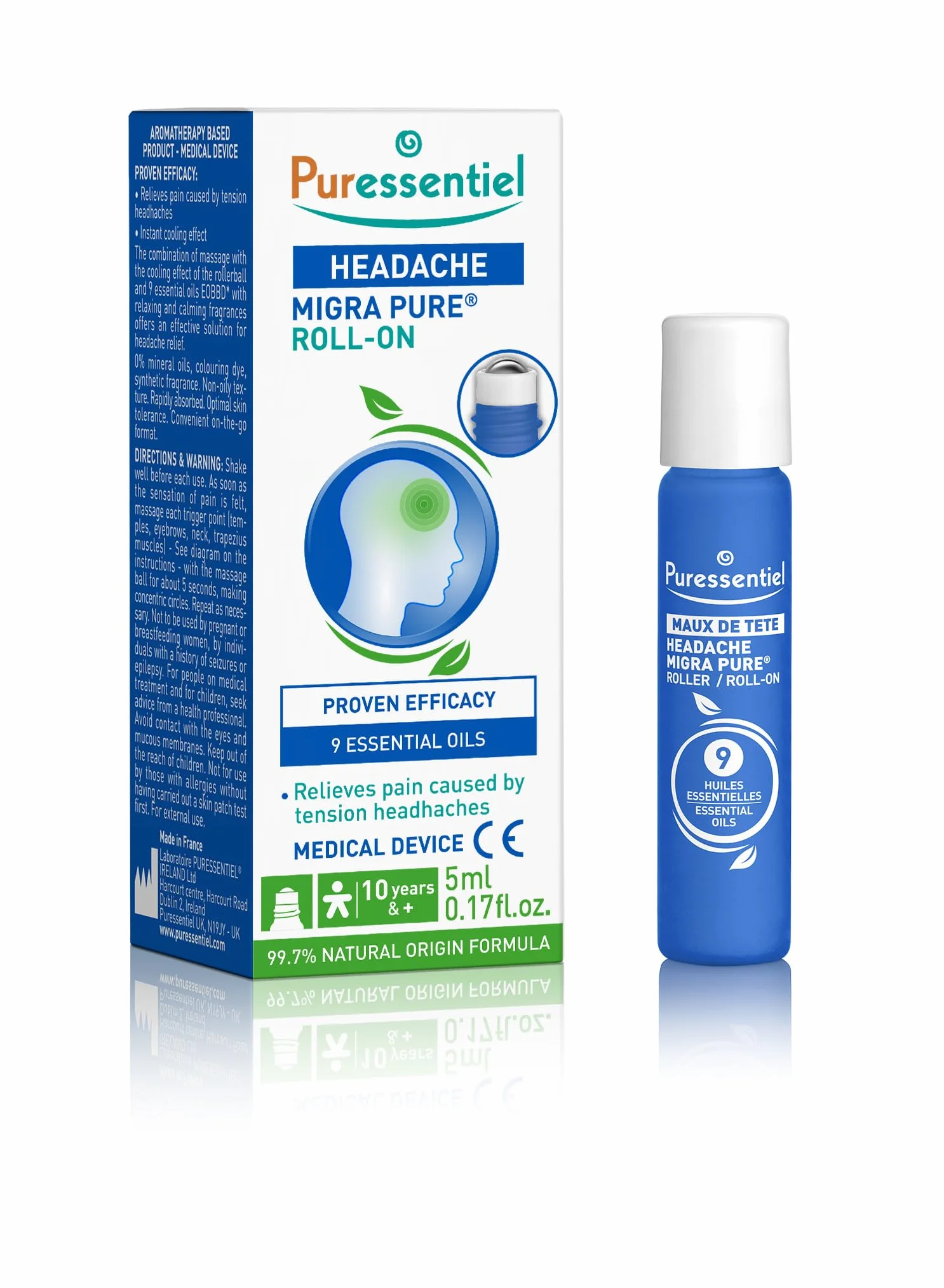 Puressentiel Roll-On Dolor de Cabeza 9 Aceites Esenciales 5 ml Alivio Rápido Efecto Frío Intenso