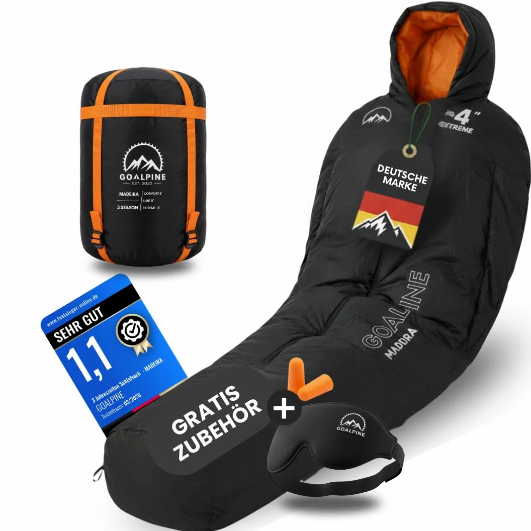 GOALPINE® Madeira Saco de dormir para personas grandes, 4 estaciones, con apertura de brazos, 400 g/m², comodidad 0 – 10 grados, impermeable, tamaño pequeño, transpirable, saco de dormir momia