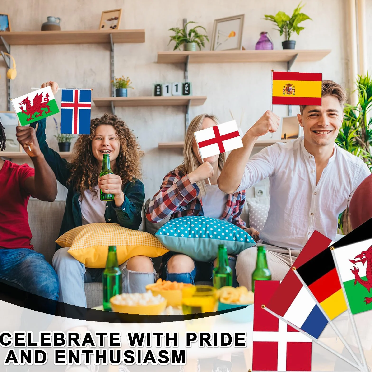 Banderas de 16 Naciones en Palo para Decoración de Fútbol Europeo Femenino 2025, Banderitas de 14 x 21 cm, Fiestas, Eventos y Celebraciones Deportivas