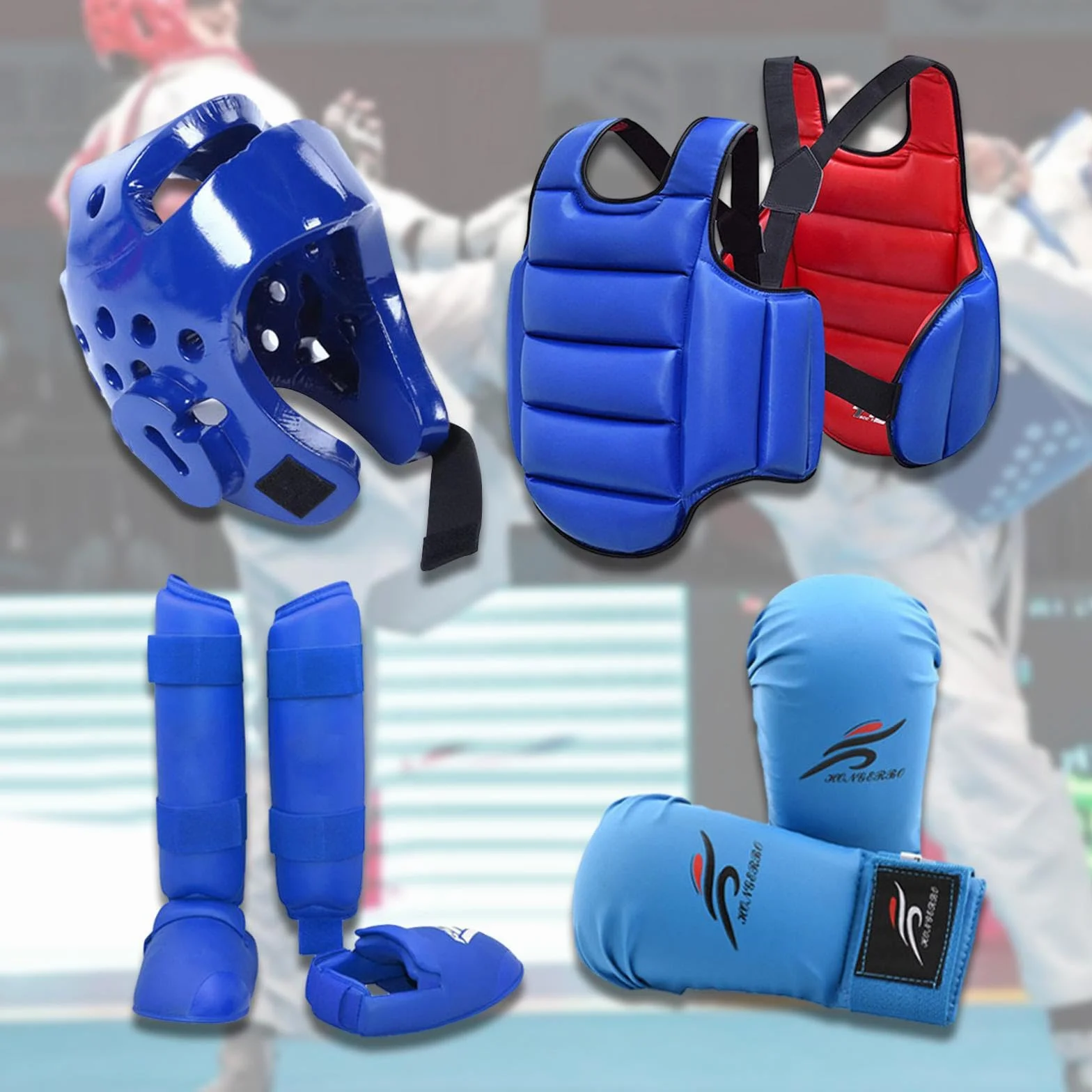 Karate Sparring Set Casco Boxeo Guantes Espinilleras Protector Corporal Entrenamiento Competición