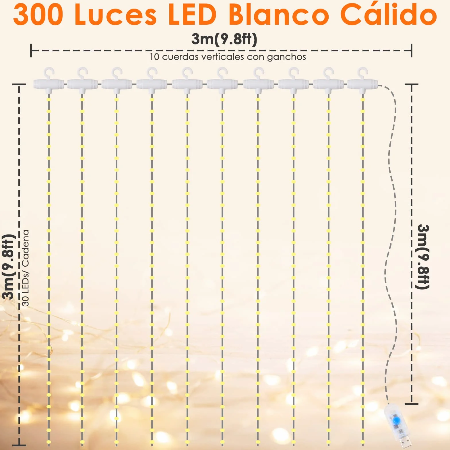 Cortina de Luces 3x3M 300 LED Navidad Blanca Cálida 8 Modos Anpro