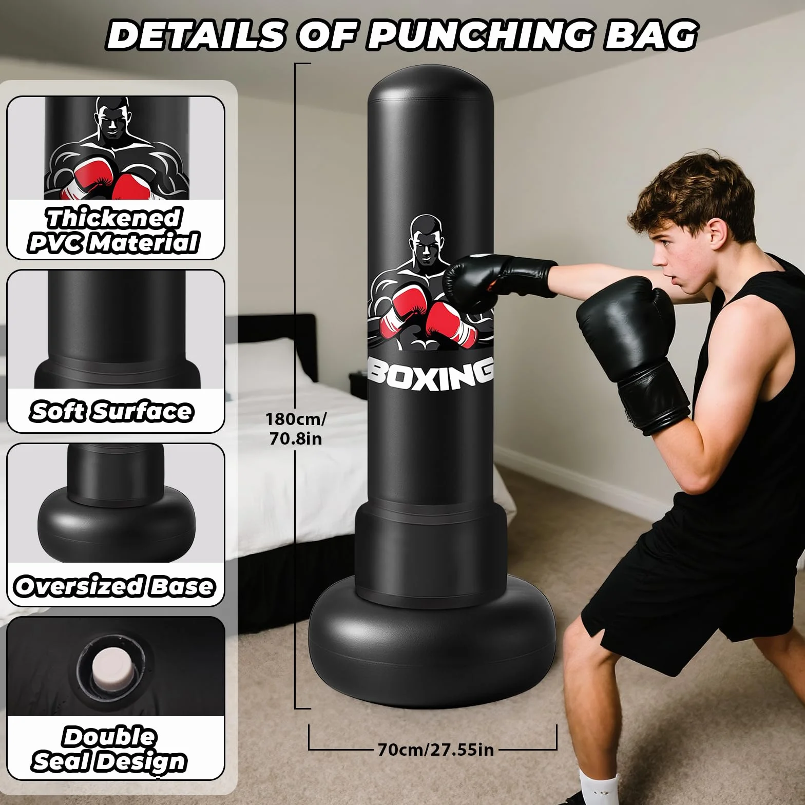 Saco de Boxeo Adultos, 180cm Sacos de Boxeo de Pie on Guantes y Bomba de Aire, Punching Ball Inflable Entrenamiento para Karate, Kickboxing, PVC Fitness Boxeo Regalo Ideal