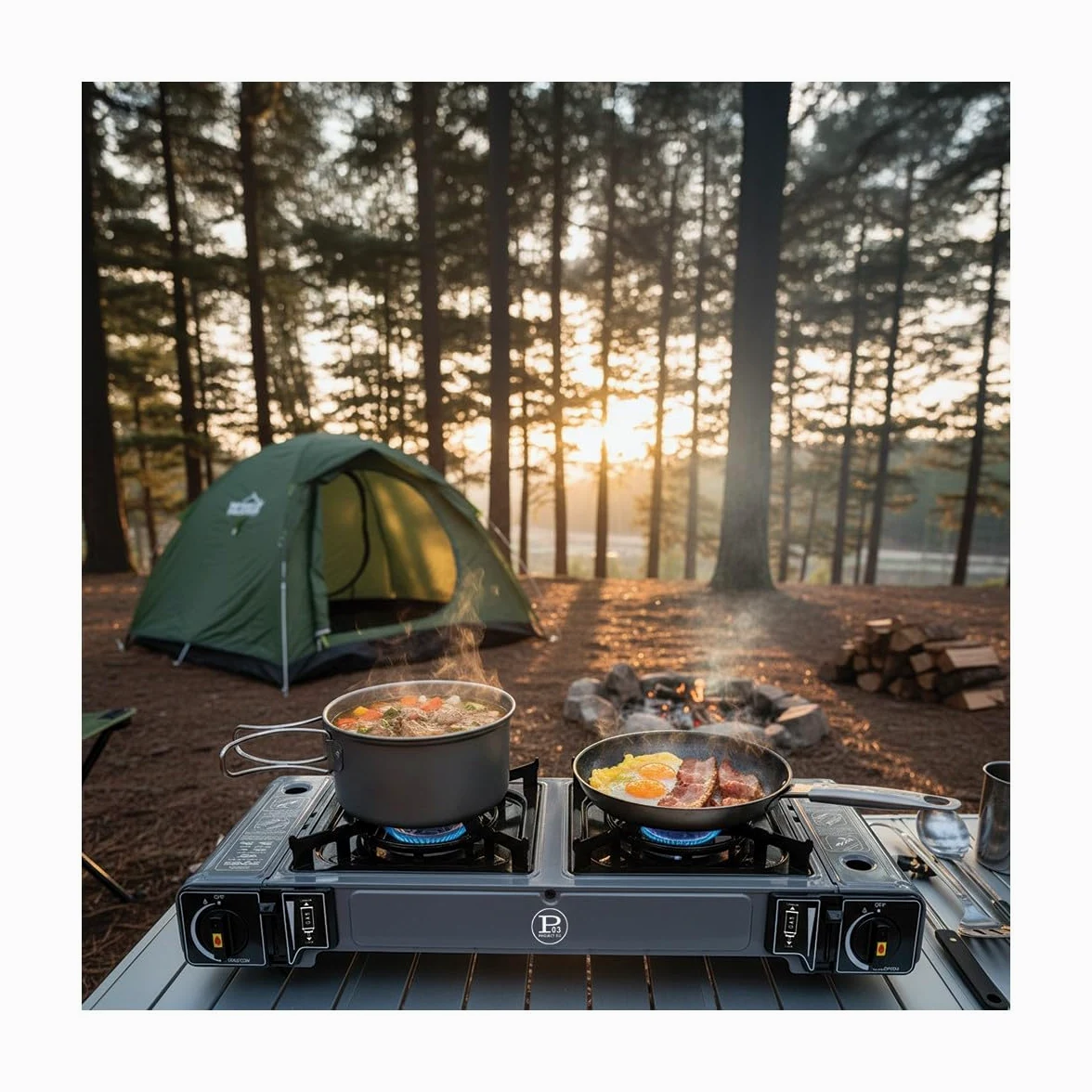 Intec – Hornillo de gas portátil 2 fuegos 3800 W encendido fácil Piezo seguro, cartucho de gas Butano, ideal estufa de camping, furgoneta y cocina exterior