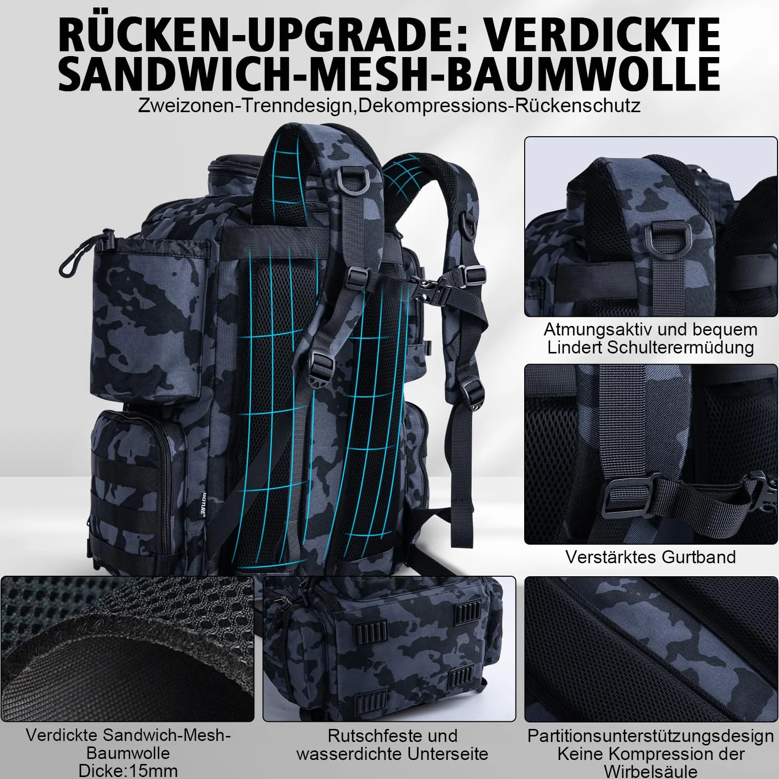 Goture Mochila de pesca con 4 cajas de cebo de pesca, mochila de 45 litros con dos soportes para cañas y protector de lluvia, tela Oxford 900D, bolsa impermeable para aparejos de pesca con