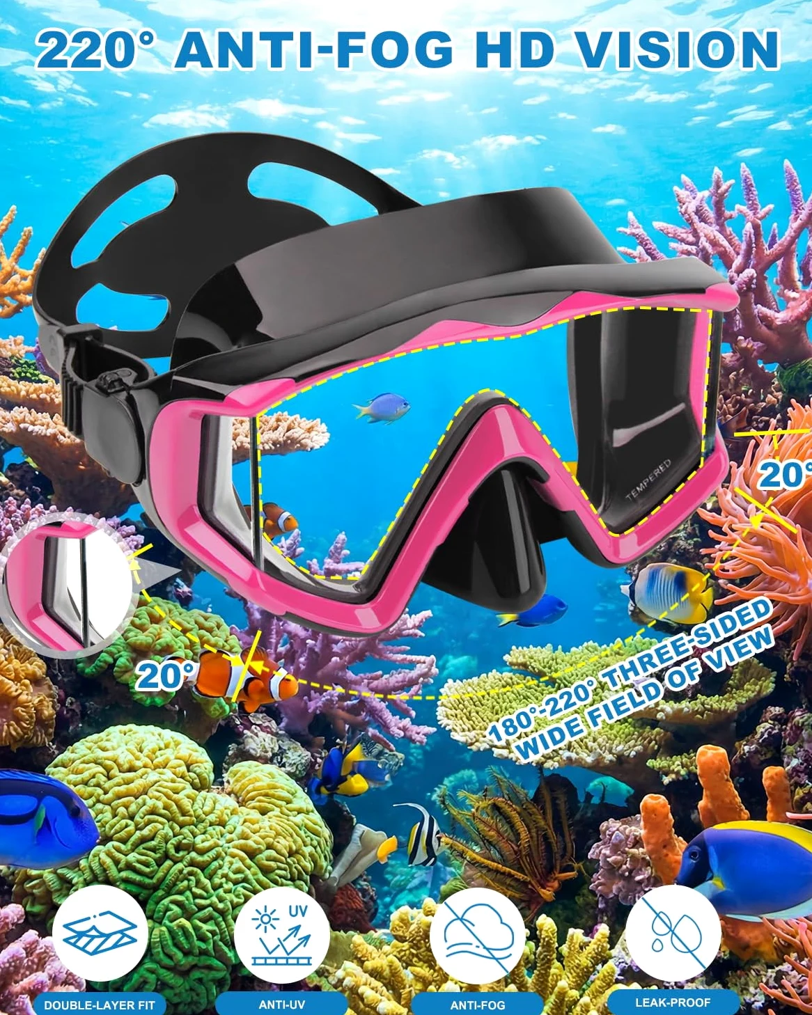 AQUA A DIVE SPORTS Máscara de buceo antivaho para natación, máscara de esnórquel adecuada para adultos, buceo, natación, esnórquel, máscaras