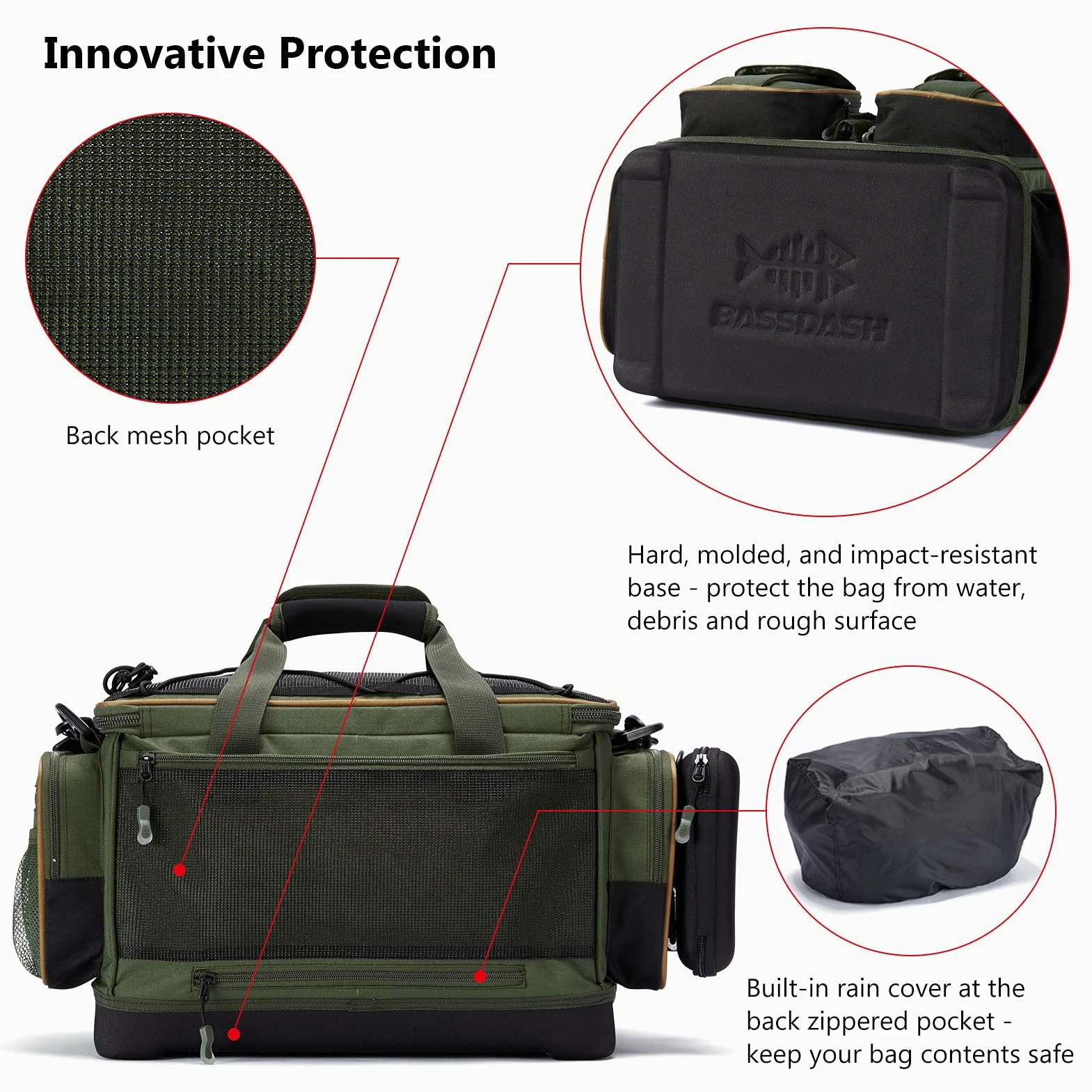 Bassdash Bolsa de Aparejos de Pesca, Bolsas de Pesca de Gran Capacidad,Impermeable y Ligero，con Cubierta de Lluvia Inferior