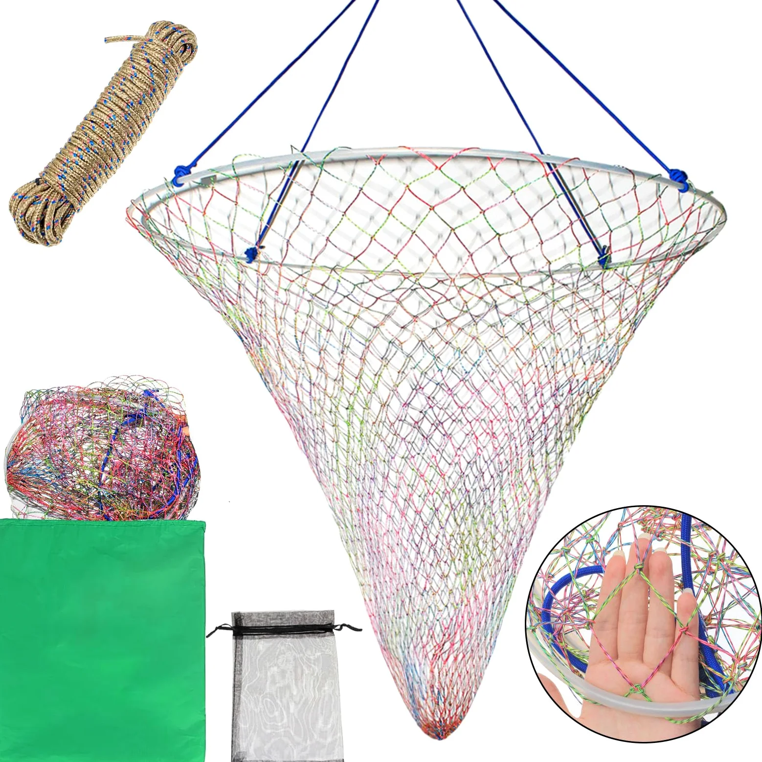 Red de pesca de puente y muelle, diseño resistente para peces grandes, red de pesca portátil con cuerda, aro de acero suave grueso, red colorida de doble línea, cuerda y bolsa de