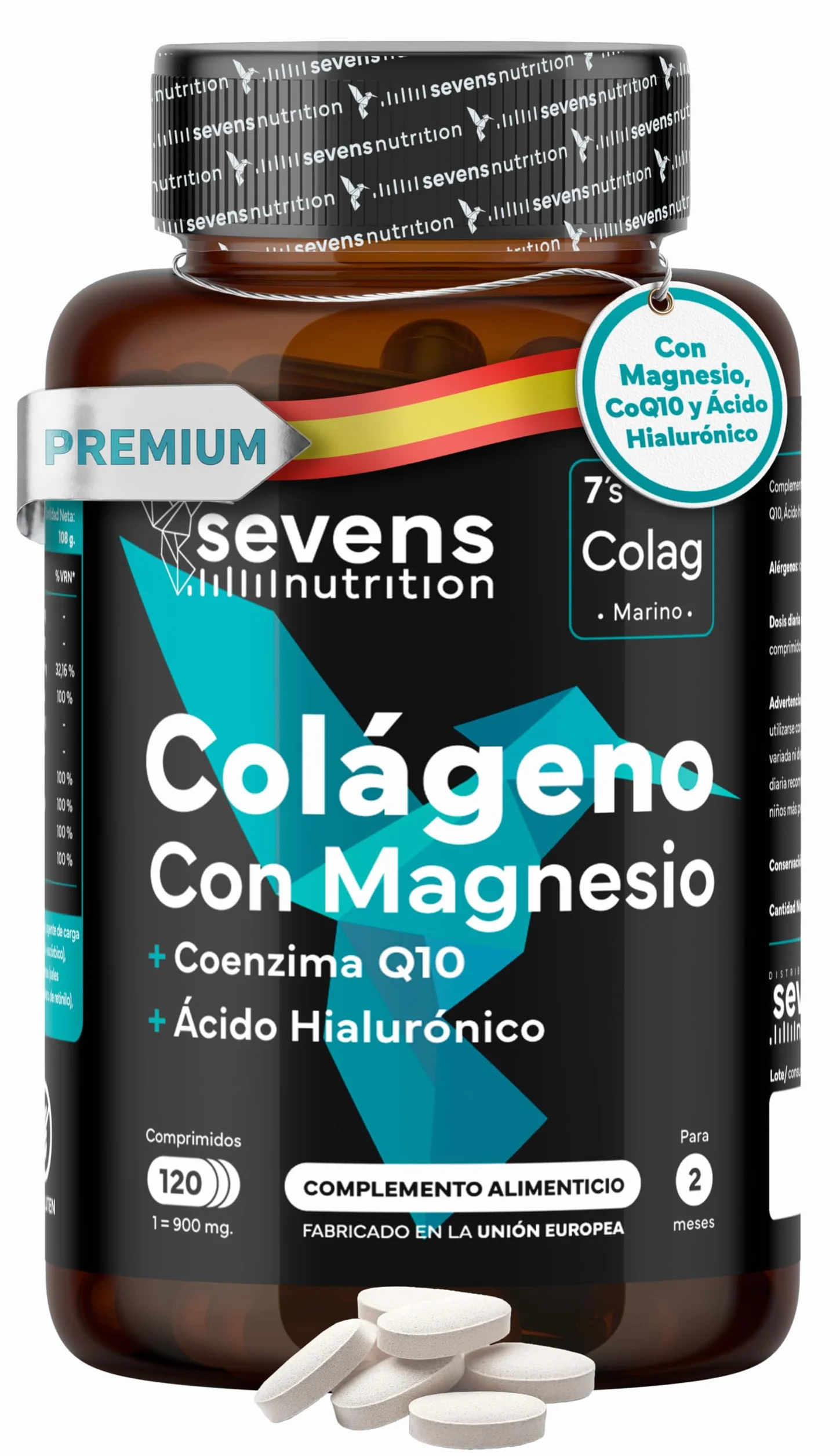 Sevens Colágeno Hidrolizado Puro con Magnesio, Ácido Hialurónico y Coenzima Q10 - 120 Cápsulas