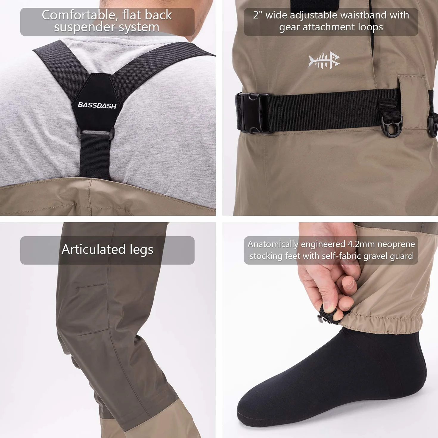 Bassdash Waders Convertibles Pecho/Cintura Traspirables Pesca Caza Calcetín Integrado