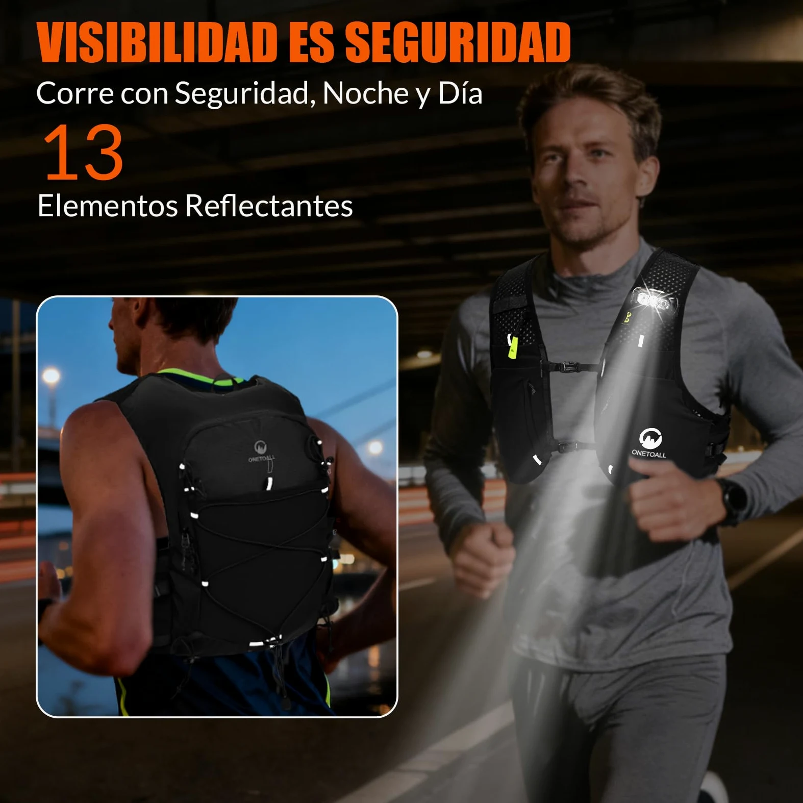 Chaleco Running Hombre Mujer con 2 Botella 500ml y Luz LED Recargable, Chaleco Hidratacion Trail Running, Mochila Hidratacion Running Vest Mochila Running para Correr Senderismo Montaña