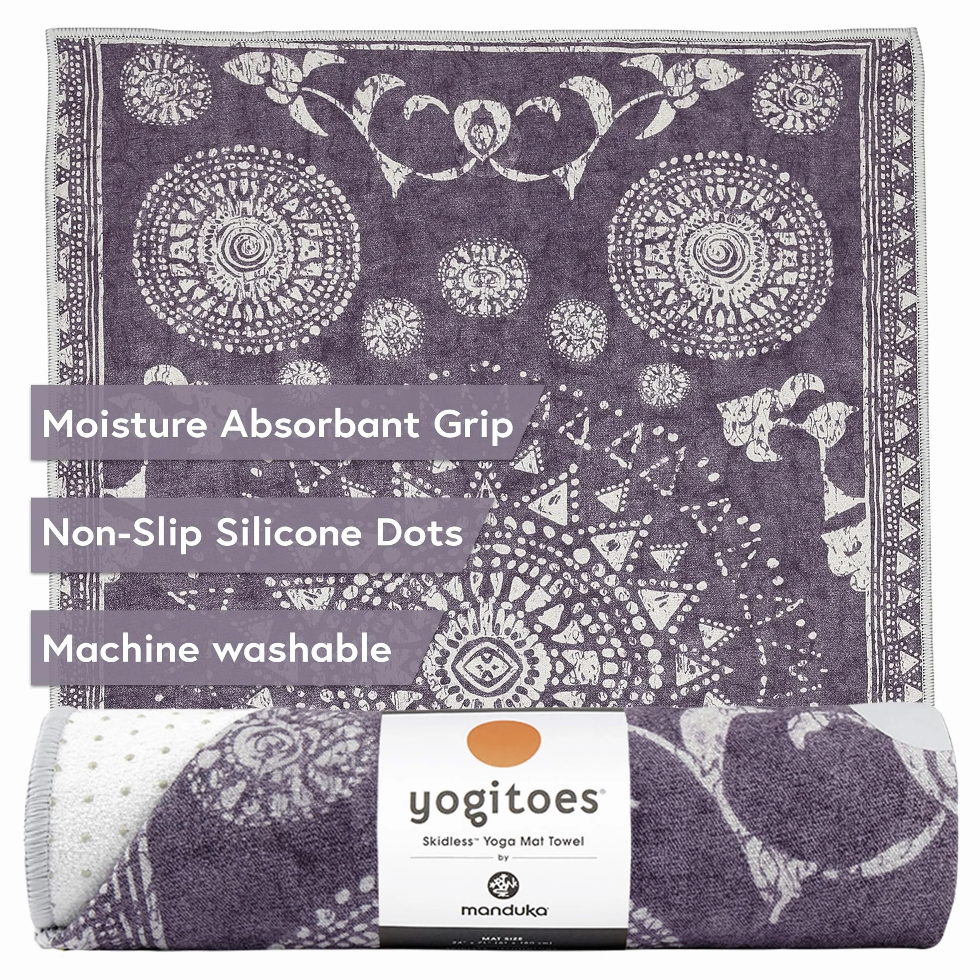 Manduka Yogitoes Toalla para Esterilla de Yoga, Ligera, Microfibra de Secado rápido, tecnología Antideslizante, Uso en Yoga Caliente, Vinyasa y Power, 180 cm, Morado Geija