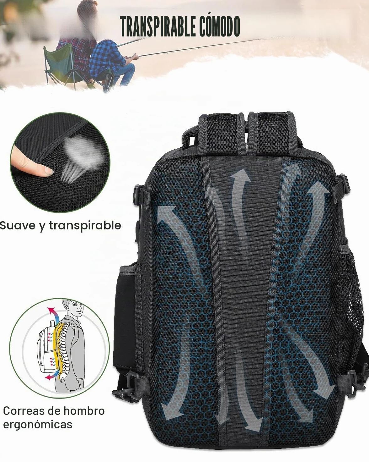 Mochila de pesca 2 en 1 táctica 25L soporte caña militar