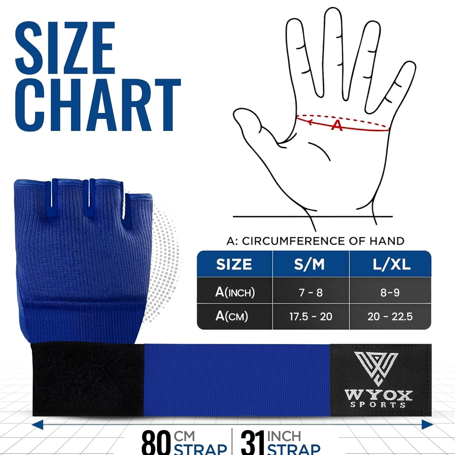 WYOX Guantes interiores de boxeo de gel para hombres y mujeres, correa de muñeca rápida de 80 cm, soporte acolchado para nudillos, sin dedos, artes marciales mixtas, Muay Thai, kickboxing, para