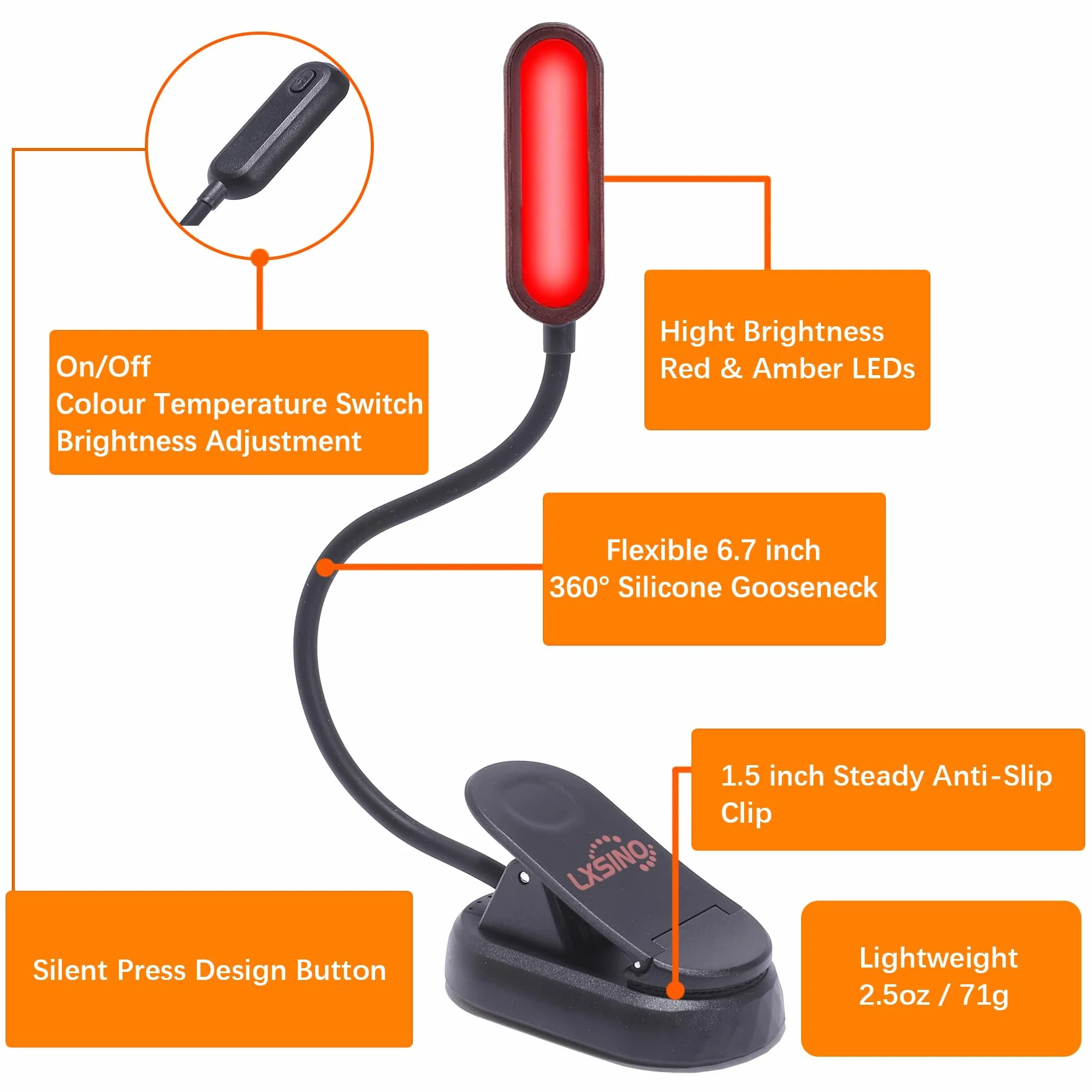 Luz de lectura ámbar y roja recargable 8 LED USB-C 1600K 625nm flexible con clip